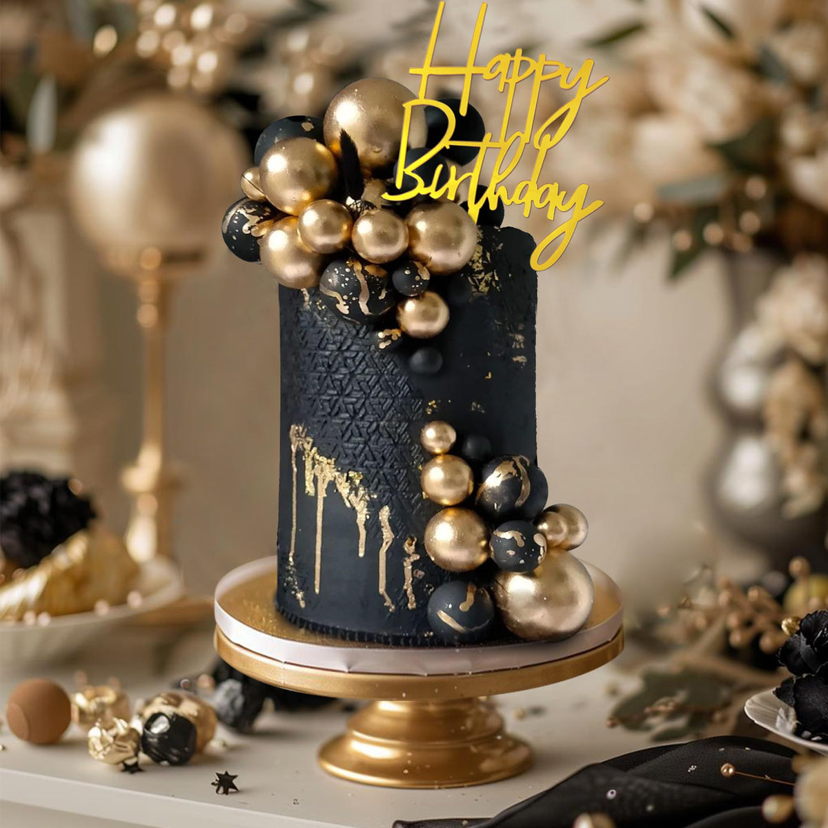 SPFYunion 75-Pcs Black and Gold Cake Decorations with Happy Birthday Pick