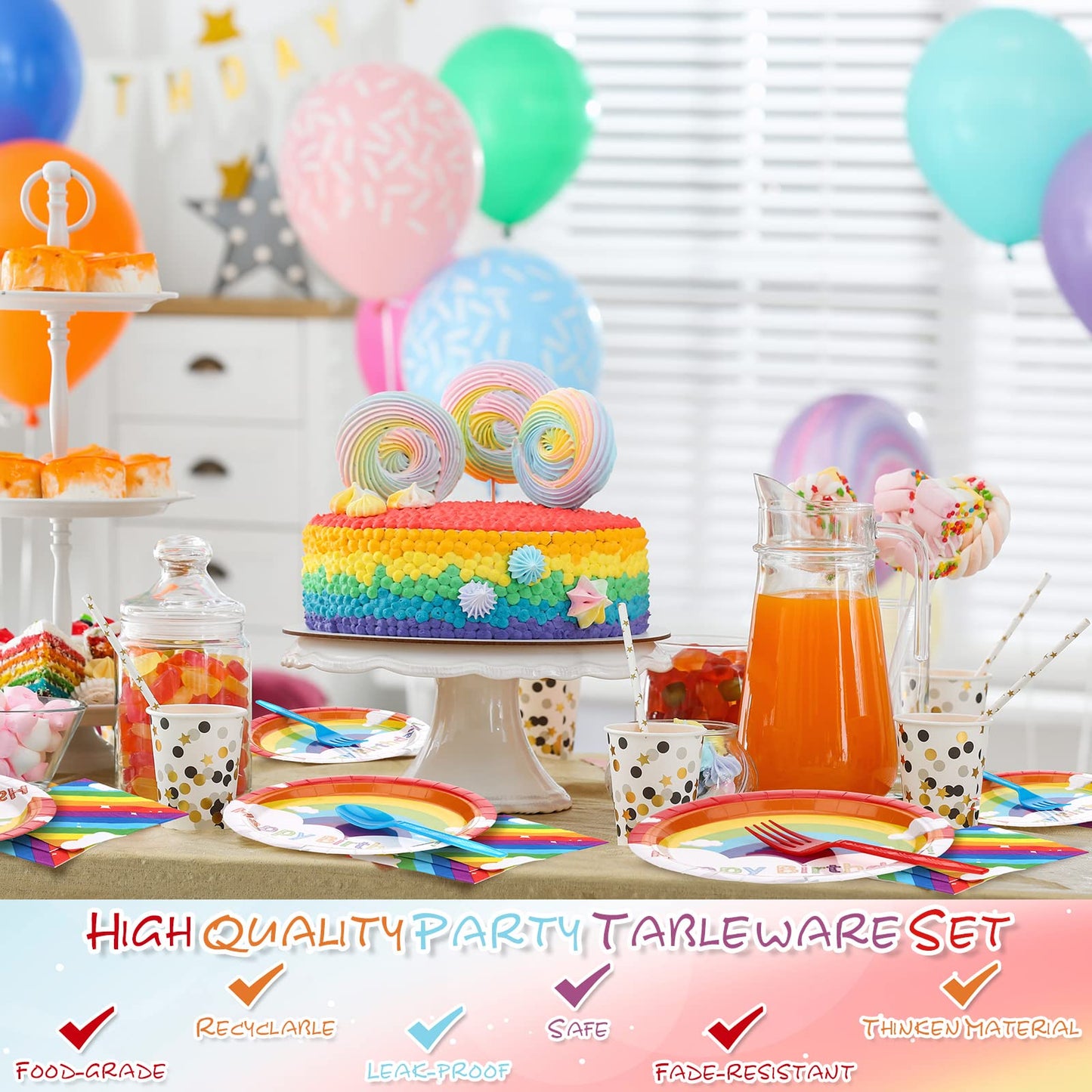 Spiareal Rainbow Party Supplies - 100 Pcs Set for 20 Guests | 7in & 9in Plates, Napkins, Forks & Spoons