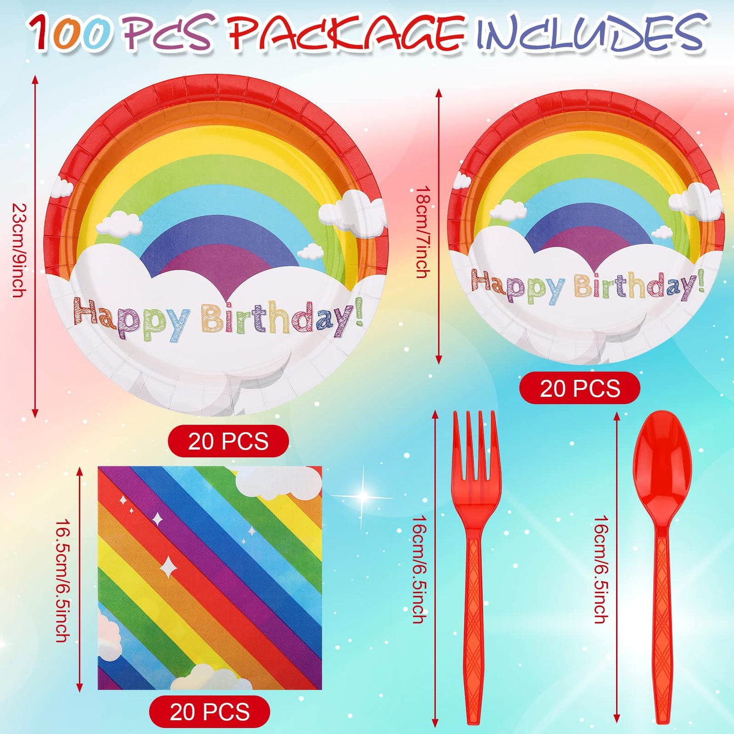 Spiareal Rainbow Party Supplies - 100 Pcs Set for 20 Guests | 7in & 9in Plates, Napkins, Forks & Spoons