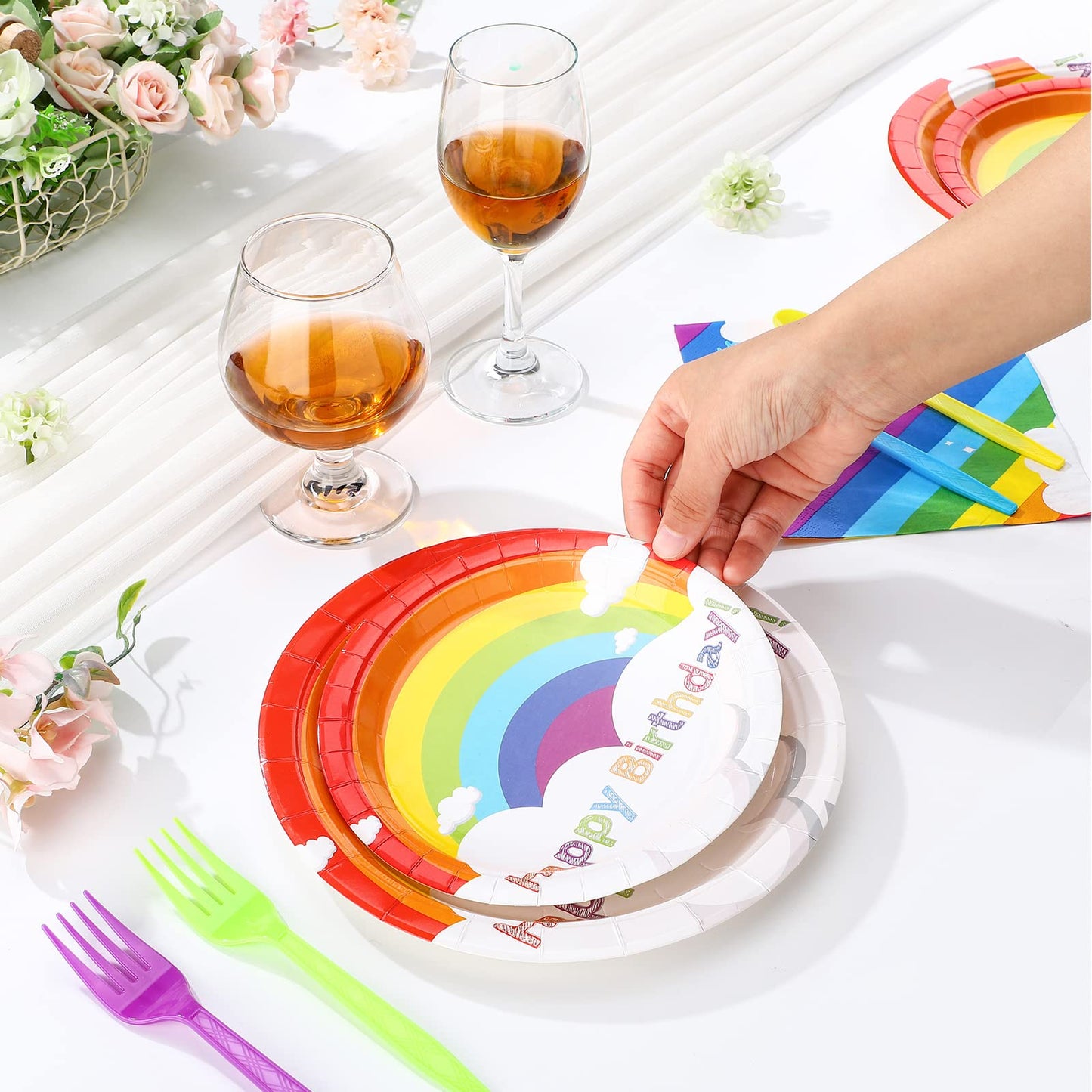 Spiareal Rainbow Party Supplies - 100 Pcs Set for 20 Guests | 7in & 9in Plates, Napkins, Forks & Spoons