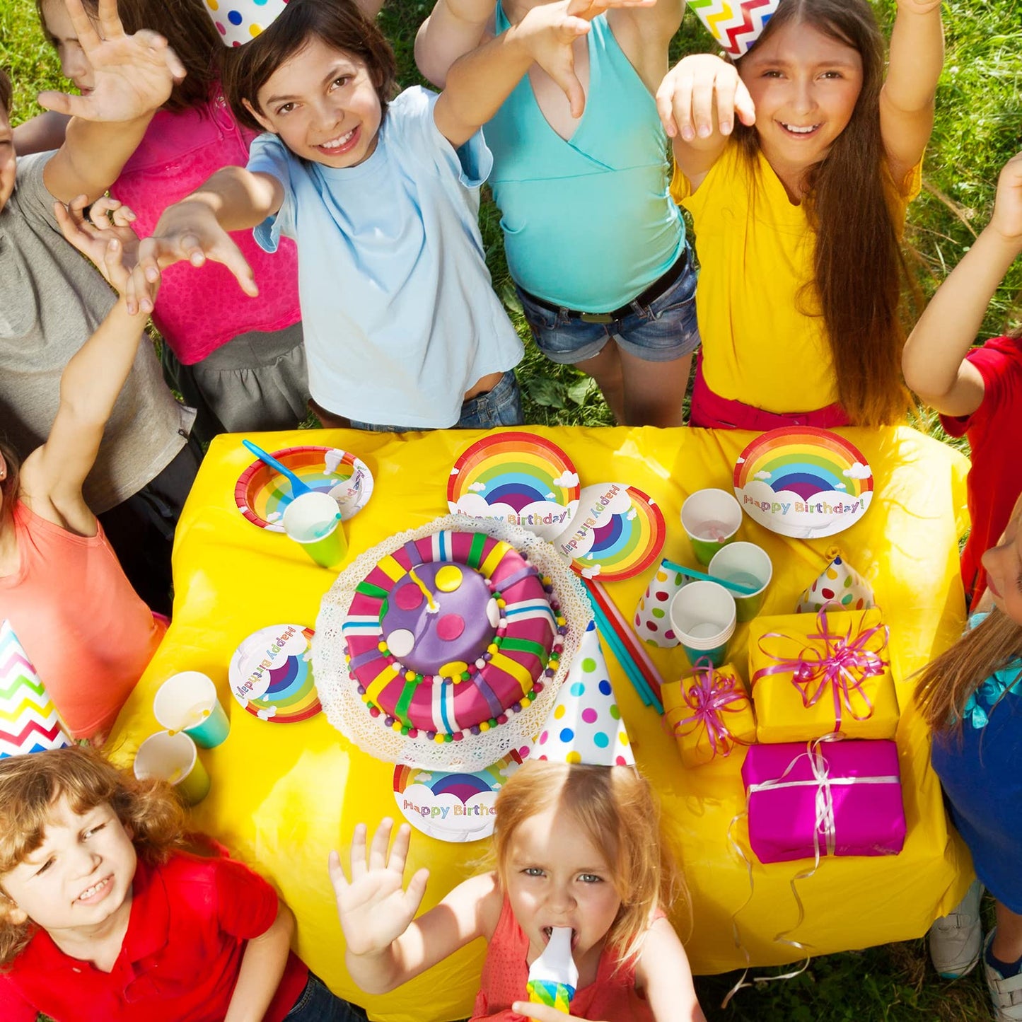 Spiareal Rainbow Party Supplies - 100 Pcs Set for 20 Guests | 7in & 9in Plates, Napkins, Forks & Spoons