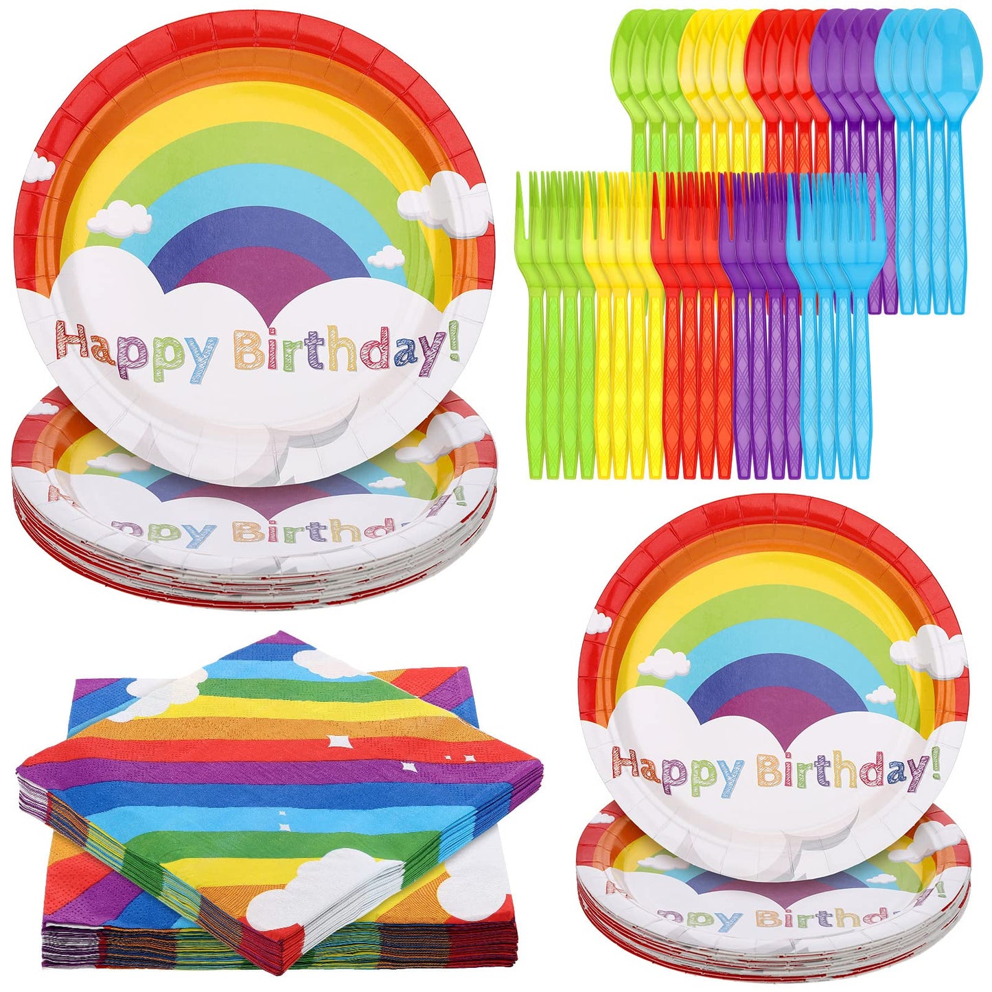 Spiareal Rainbow Party Supplies - 100 Pcs Set for 20 Guests | 7in & 9in Plates, Napkins, Forks & Spoons