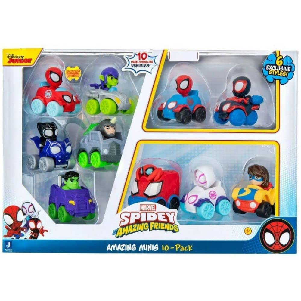 Spidey and His Amazing Friends 10-Pack Mini Vehicles | Ghost Spider, Miles Morales, Black Panther & More