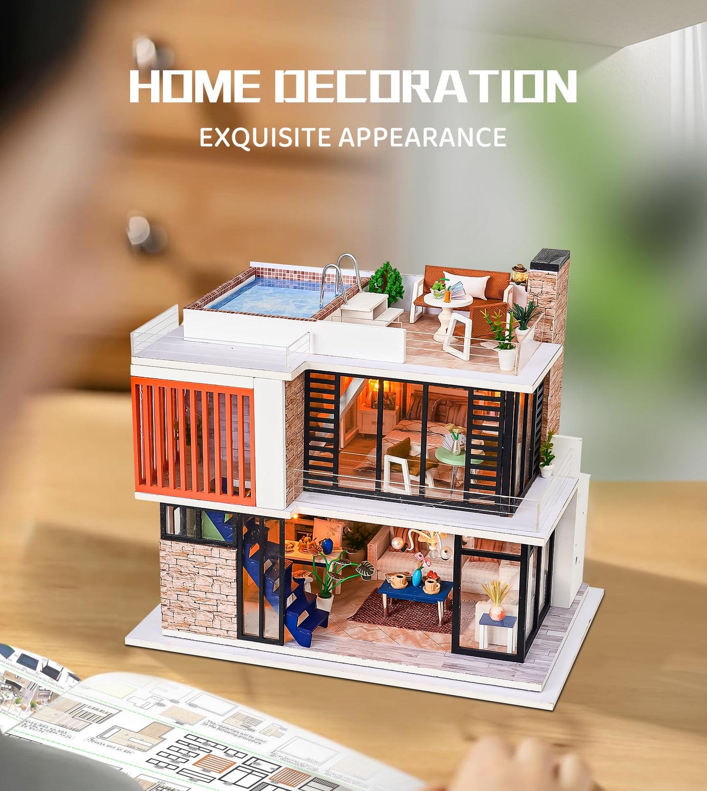 Spilay Florence Dollhouse Miniature Kit – 1:24 Modern Villa with Music Box