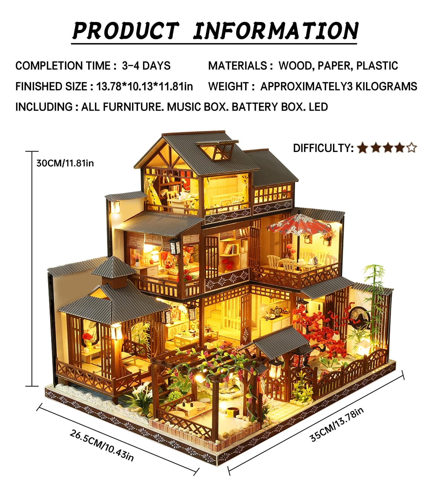 Spilay Yaquan Courtyard DIY Dollhouse Kit — 1:24 Scale with LED & Music Box