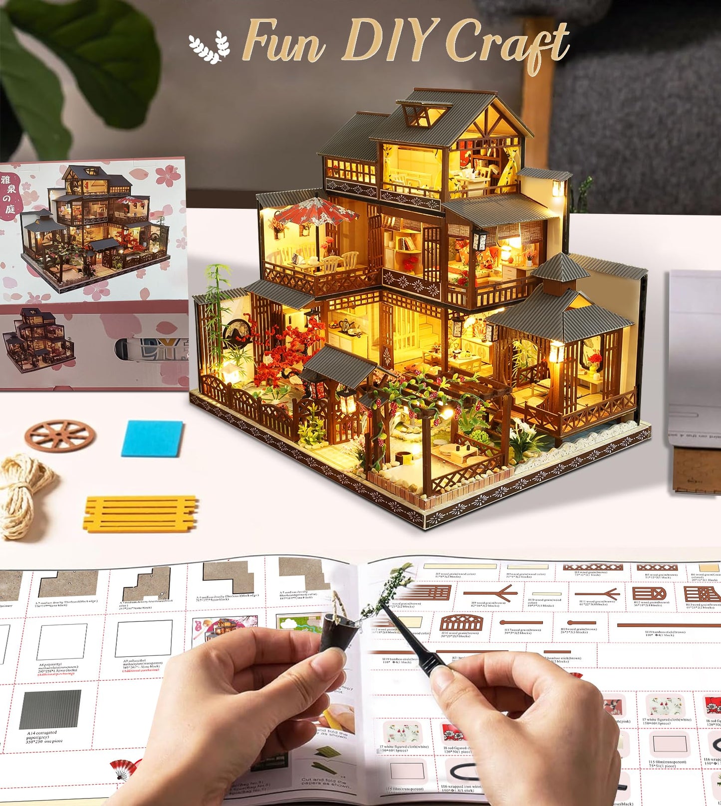 Spilay Yaquan Courtyard DIY Dollhouse Kit — 1:24 Scale with LED & Music Box