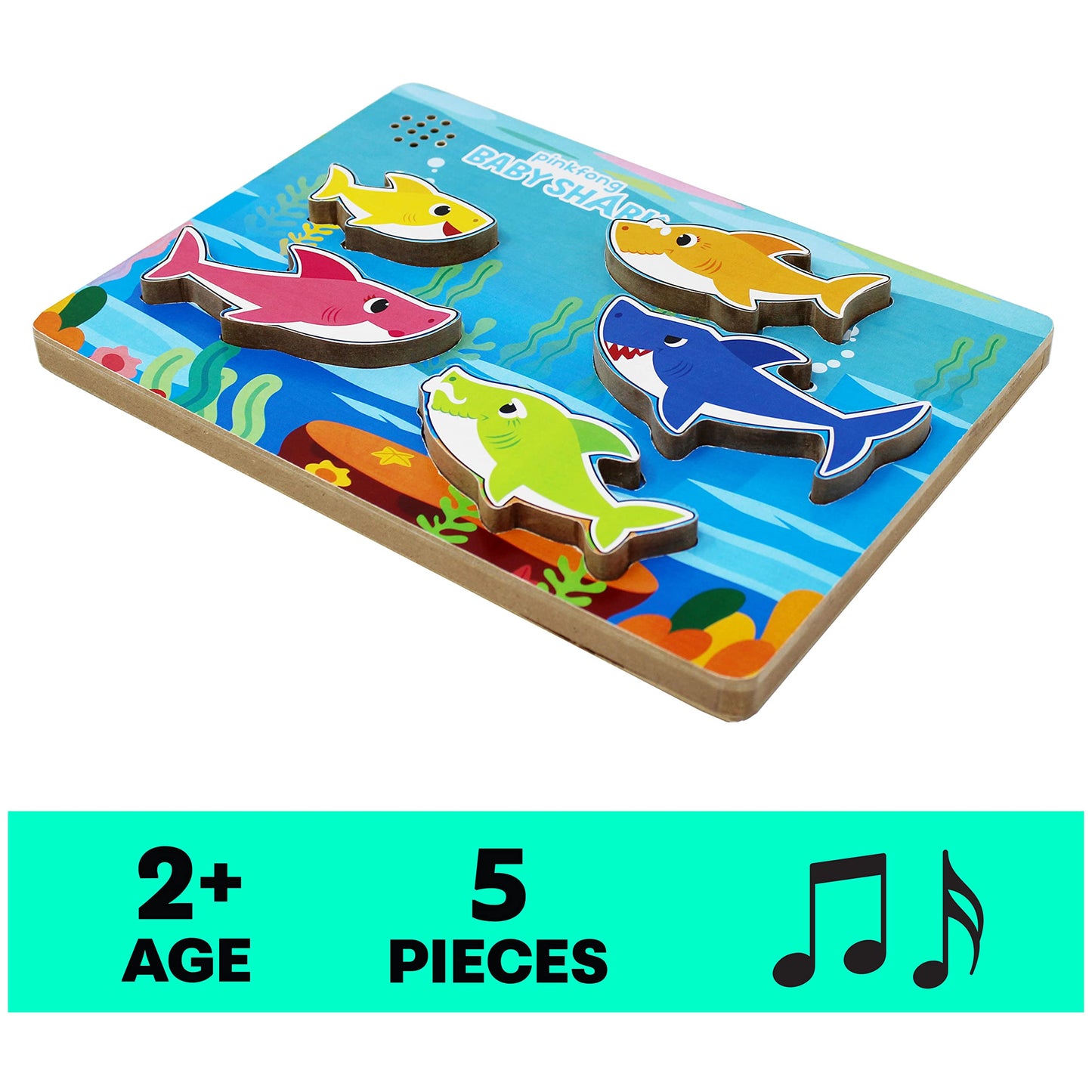 Spin Master Games Pinkfong Baby Shark Musical Wooden Puzzle – 5-Piece Toddler Toy for Ages 2+