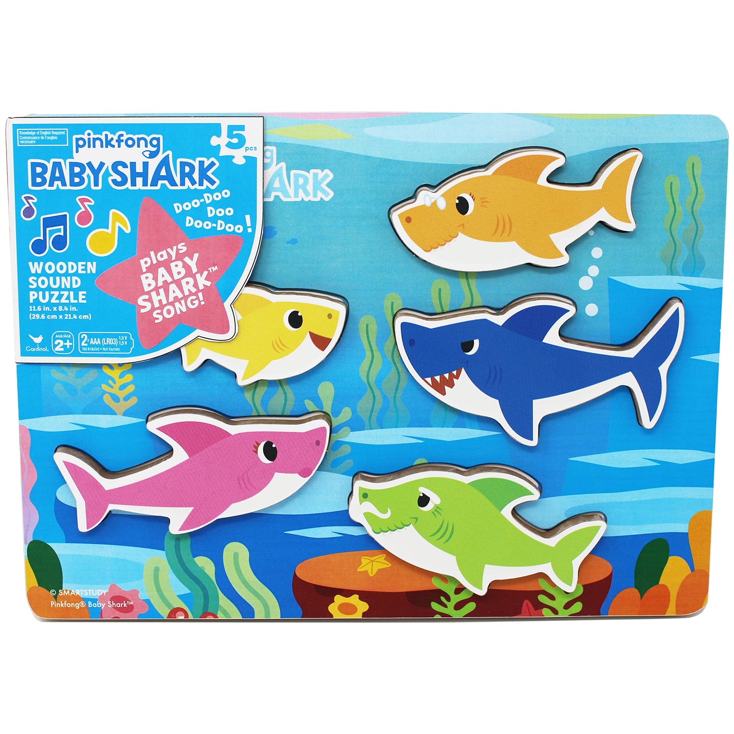 Spin Master Games Pinkfong Baby Shark Musical Wooden Puzzle – 5-Piece Toddler Toy for Ages 2+