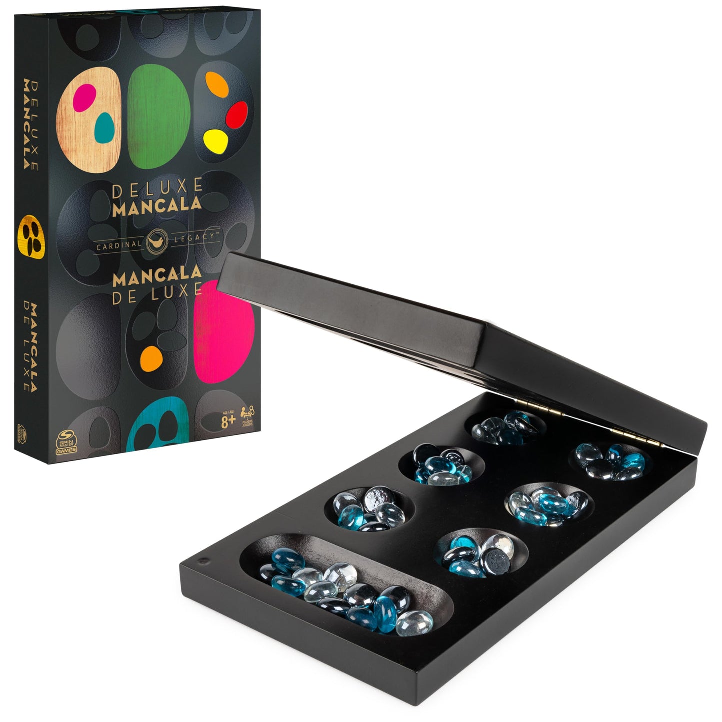 Spin Master Games Legacy Deluxe Mancala – Folding Wooden Board, Glass Pebbles, Family Strategy Game for Ages 8+