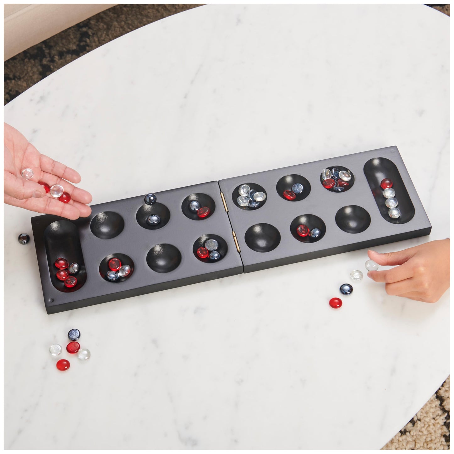 Spin Master Games Legacy Deluxe Mancala – Folding Wooden Board, Glass Pebbles, Family Strategy Game for Ages 8+