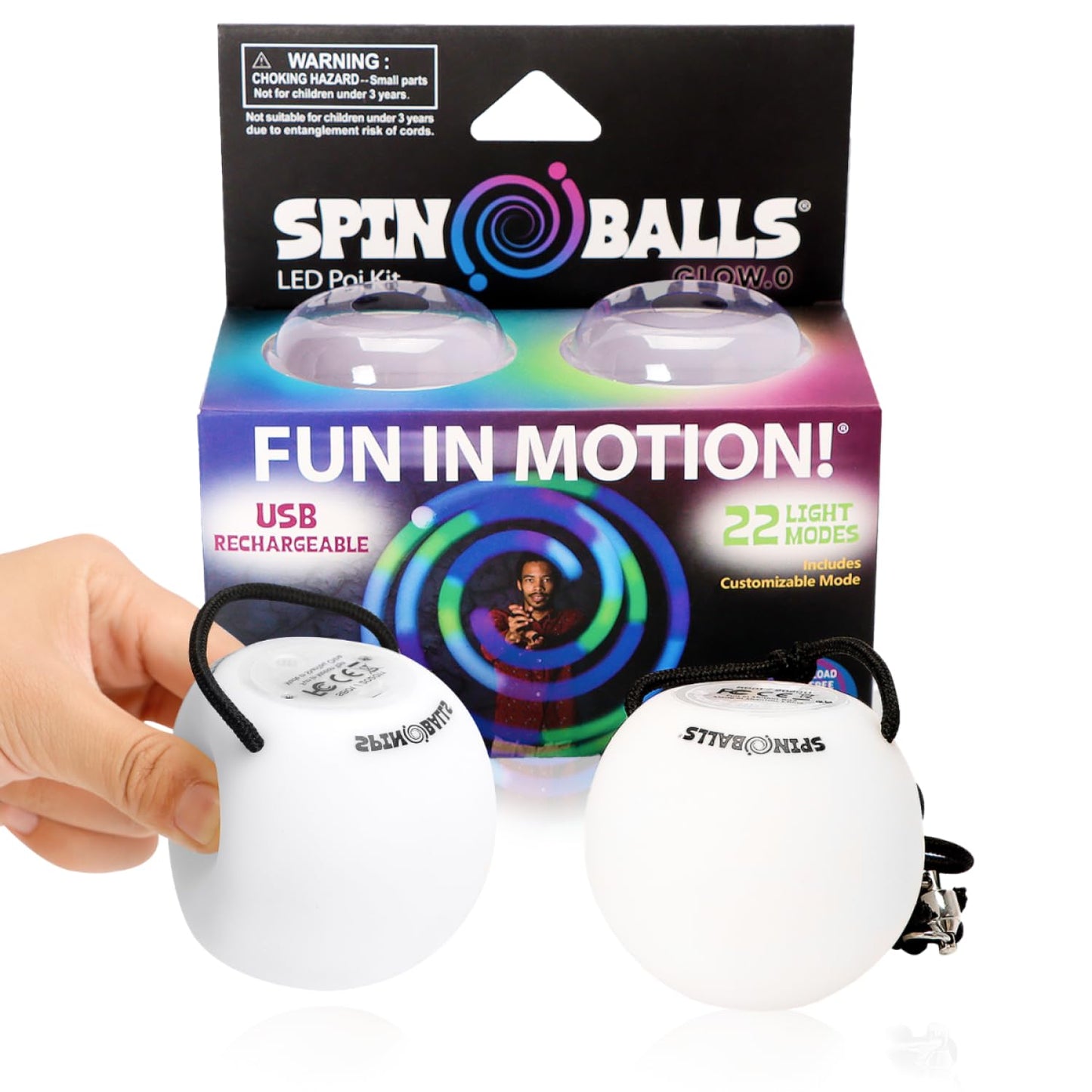 SPIN BALLS Glow.0 LED Poi – USB Rechargeable, 22 Color Modes, Durable Soft-Core Spinning Balls