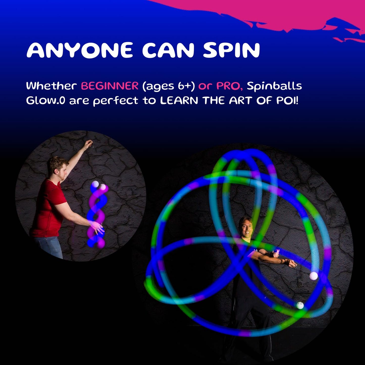 SPIN BALLS Glow.0 LED Poi – USB Rechargeable, 22 Color Modes, Durable Soft-Core Spinning Balls