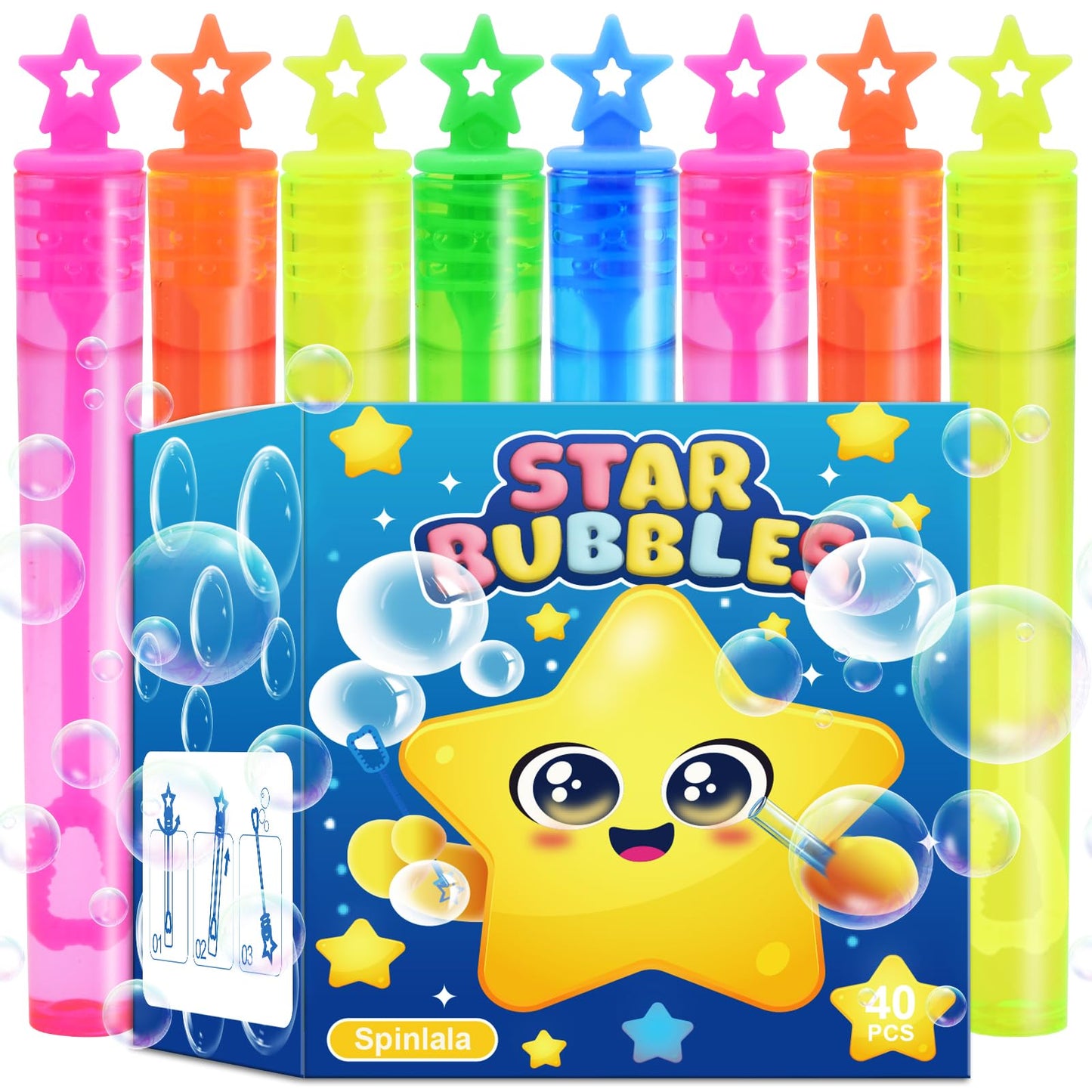 SpinLaLa 40-Pack Star Bubble Wands – 5 Colors + Refill Solution