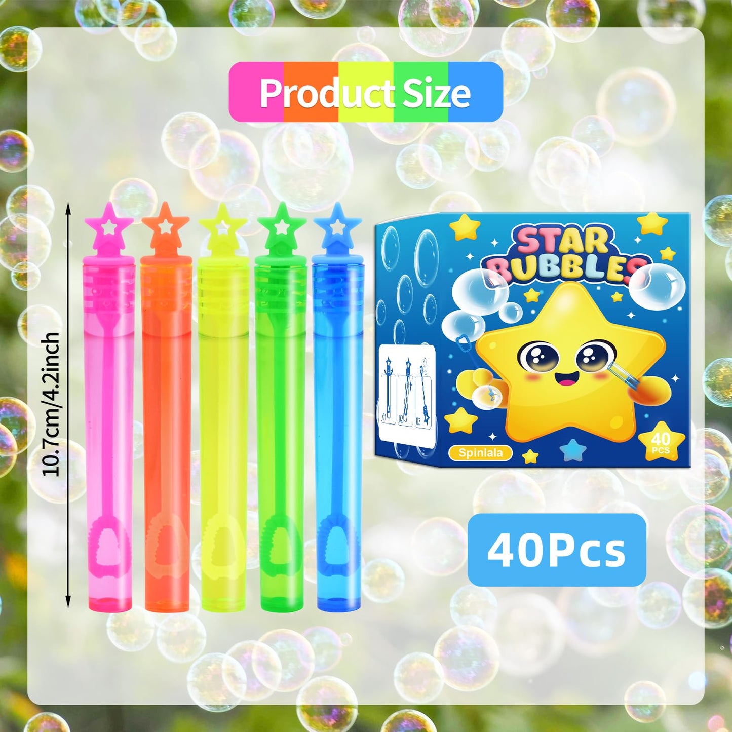 SpinLaLa 40-Pack Star Bubble Wands – 5 Colors + Refill Solution