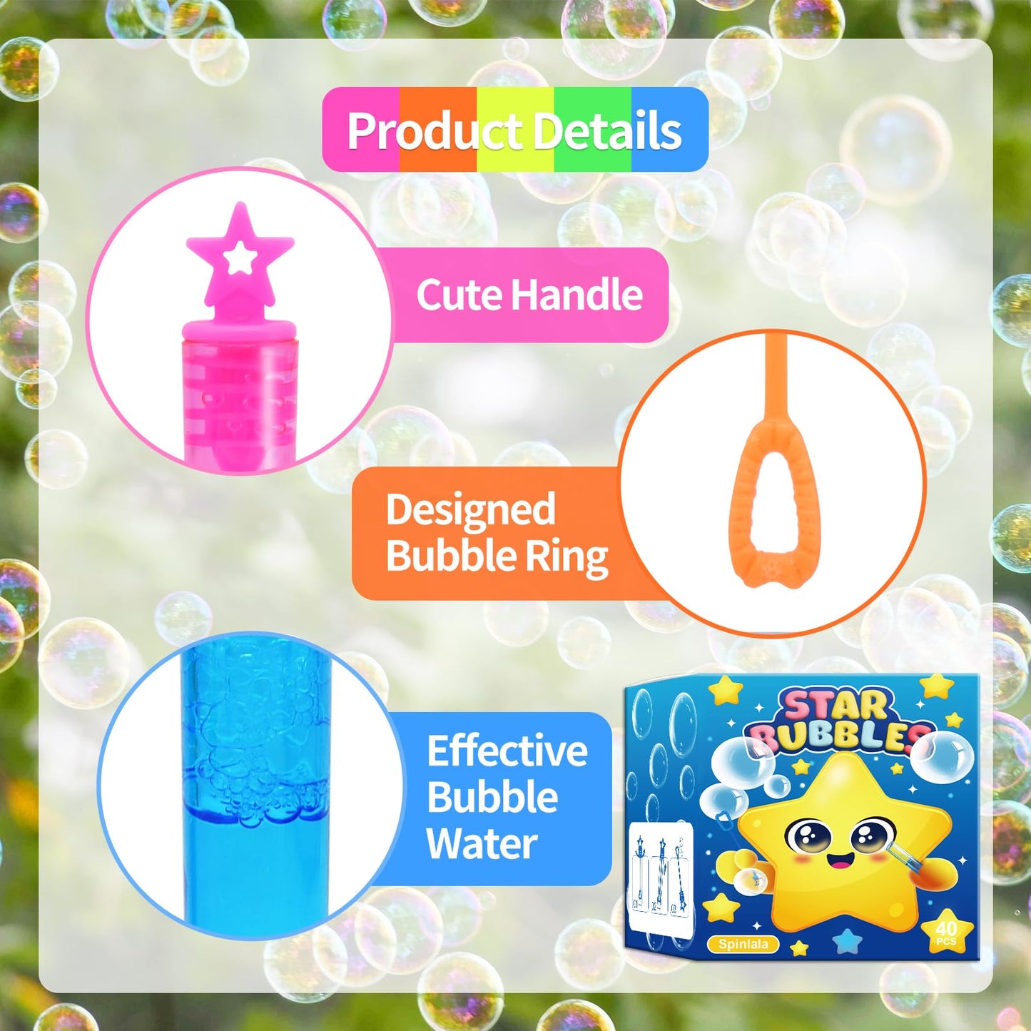 SpinLaLa 40-Pack Star Bubble Wands – 5 Colors + Refill Solution