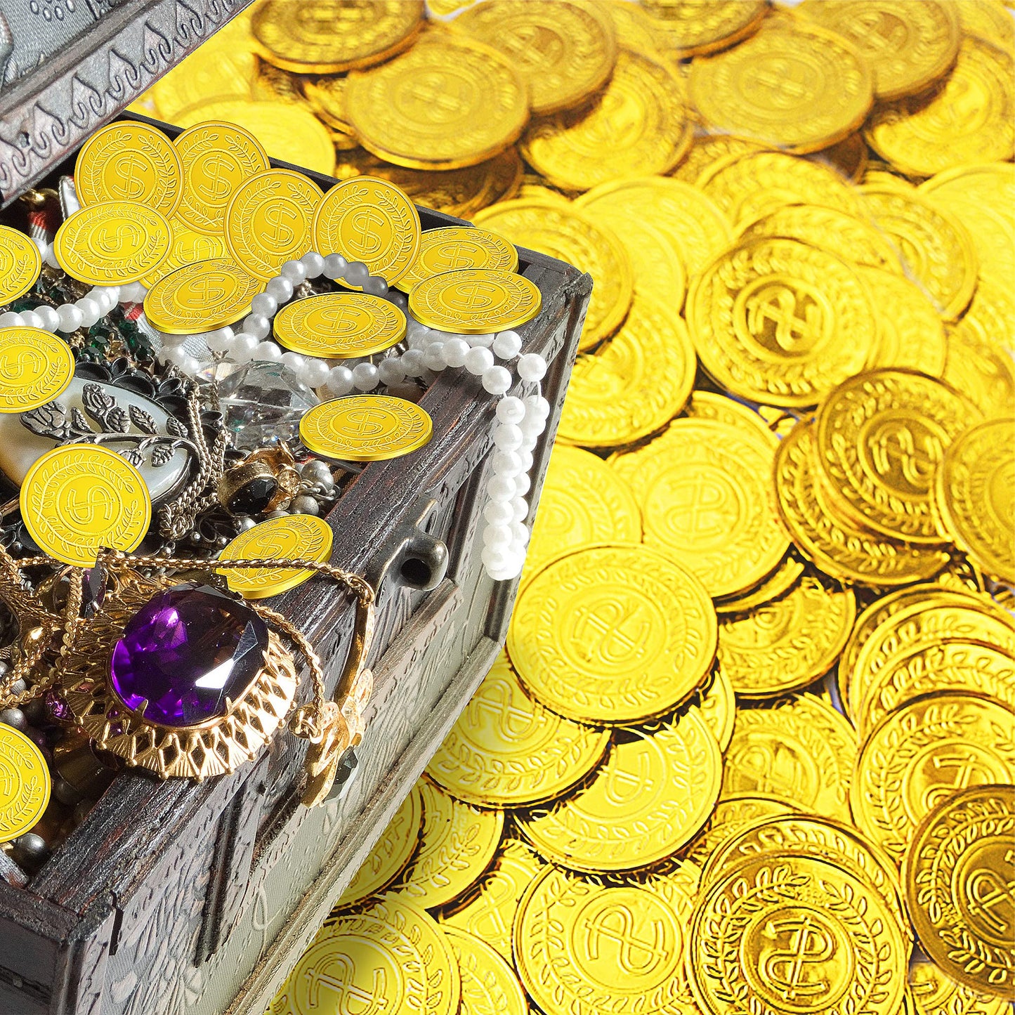 SpinLaLa 100 Count Plastic Gold Coins — Pirate Treasure Play Coins for Party Props & Treasure Hunts
