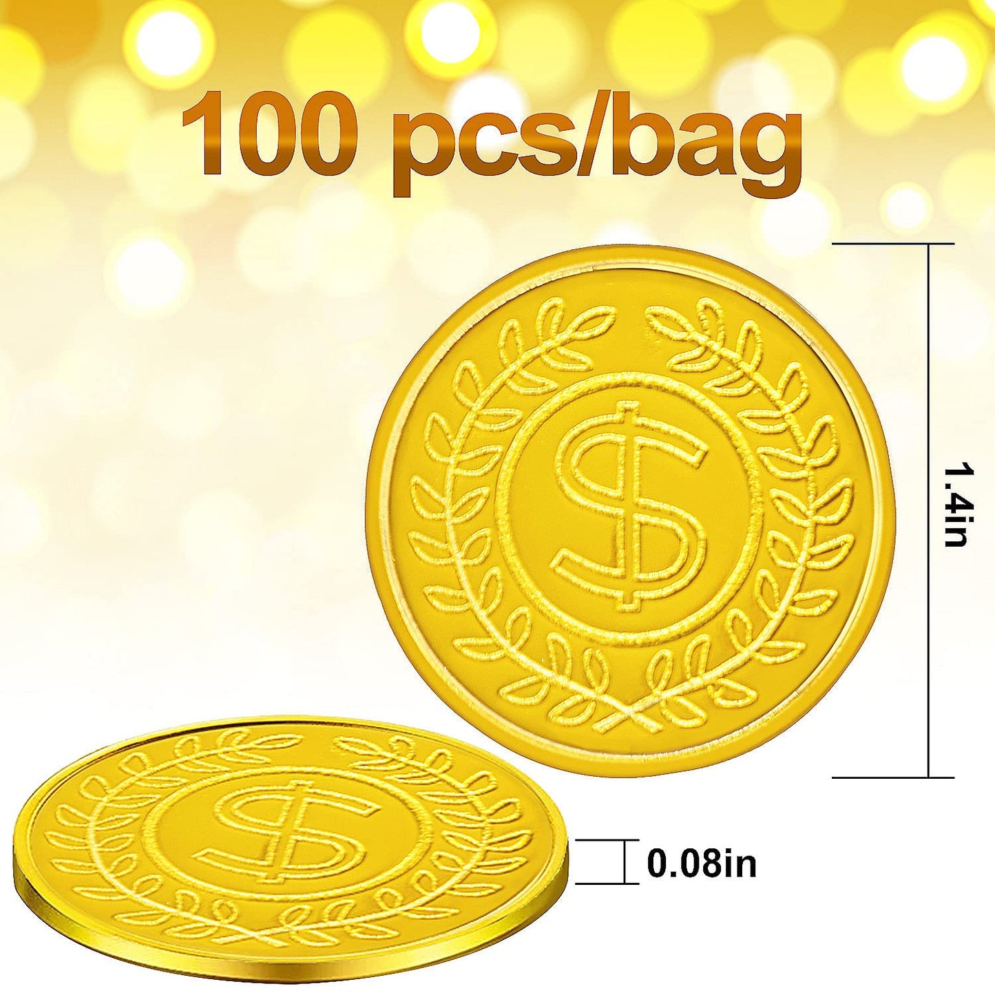 SpinLaLa 100 Count Plastic Gold Coins — Pirate Treasure Play Coins for Party Props & Treasure Hunts