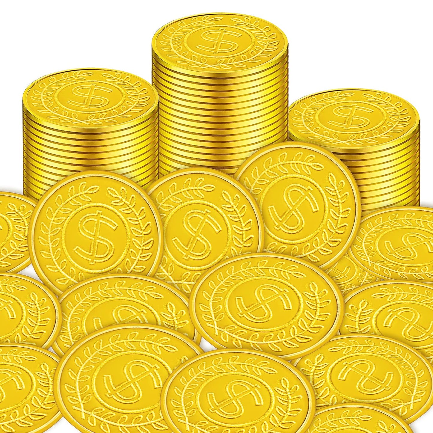 SpinLaLa 100 Count Plastic Gold Coins — Pirate Treasure Play Coins for Party Props & Treasure Hunts