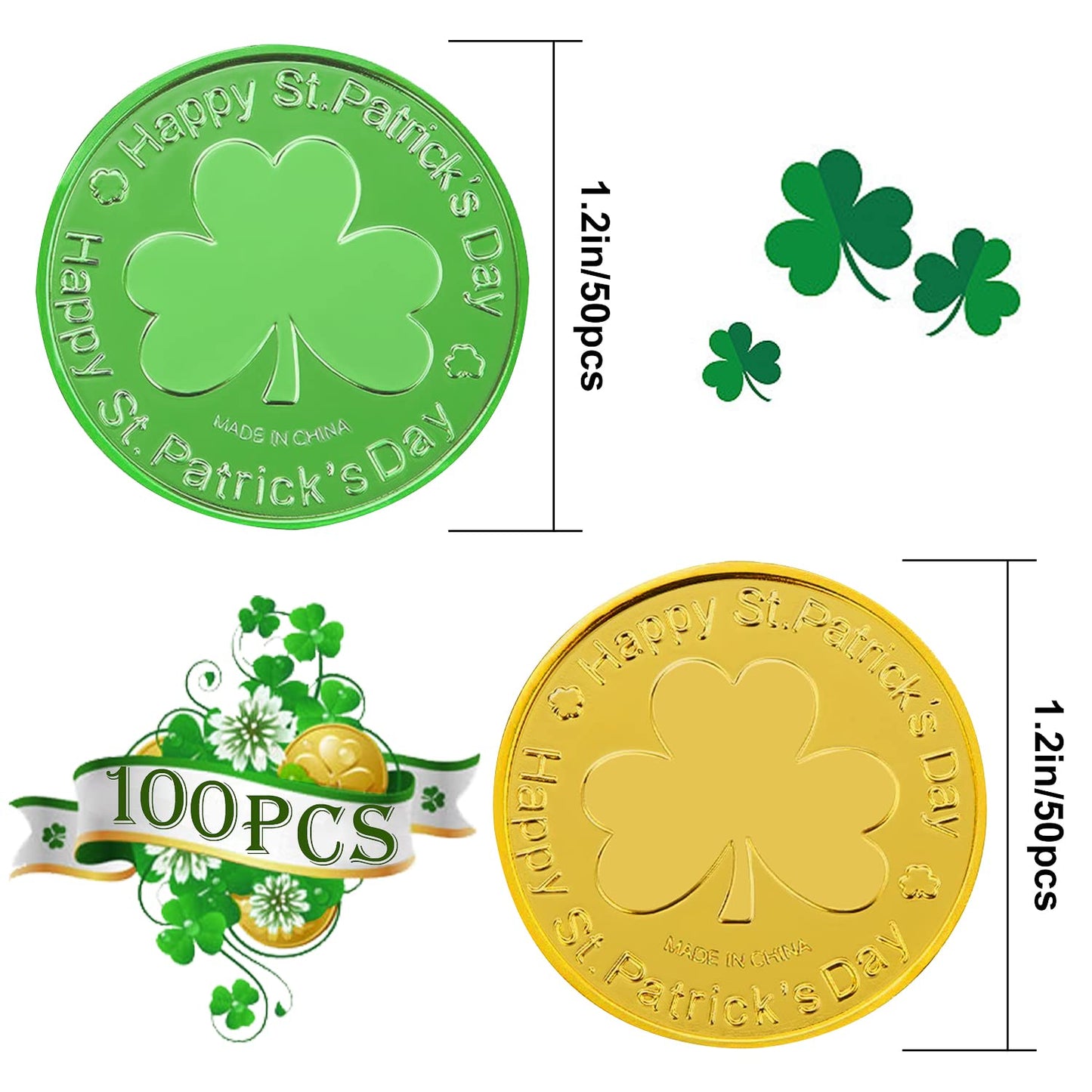 SpinLaLa St. Patrick's Day Gold Coins - 100 Pcs Shamrock Plastic Coins for Party Decor