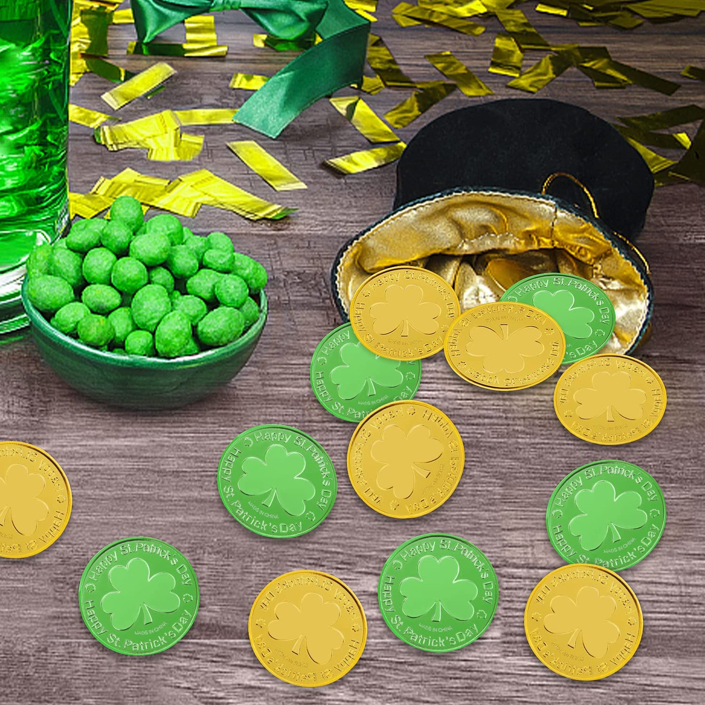SpinLaLa St. Patrick's Day Gold Coins - 100 Pcs Shamrock Plastic Coins for Party Decor