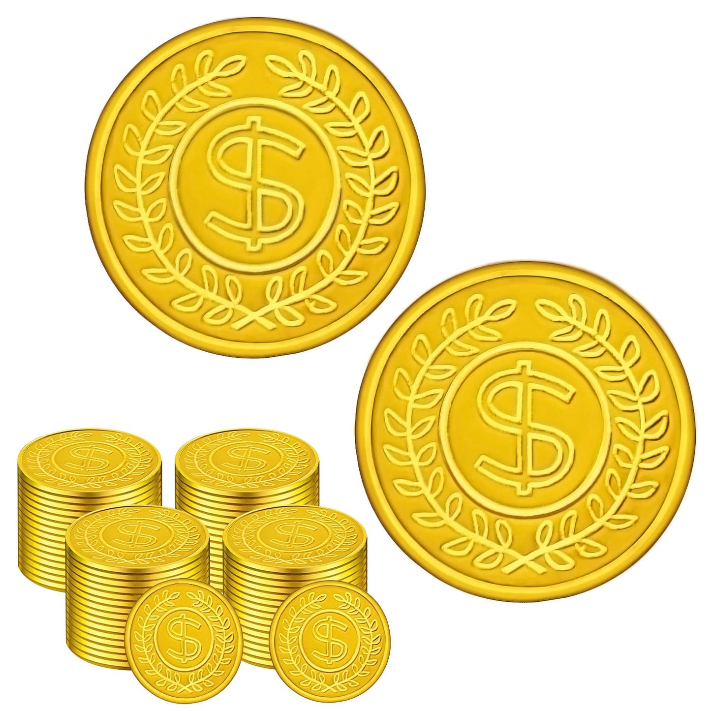 SpinLaLa 100 Count Plastic Gold Coins — Pirate Treasure Play Coins for Party Props & Treasure Hunts