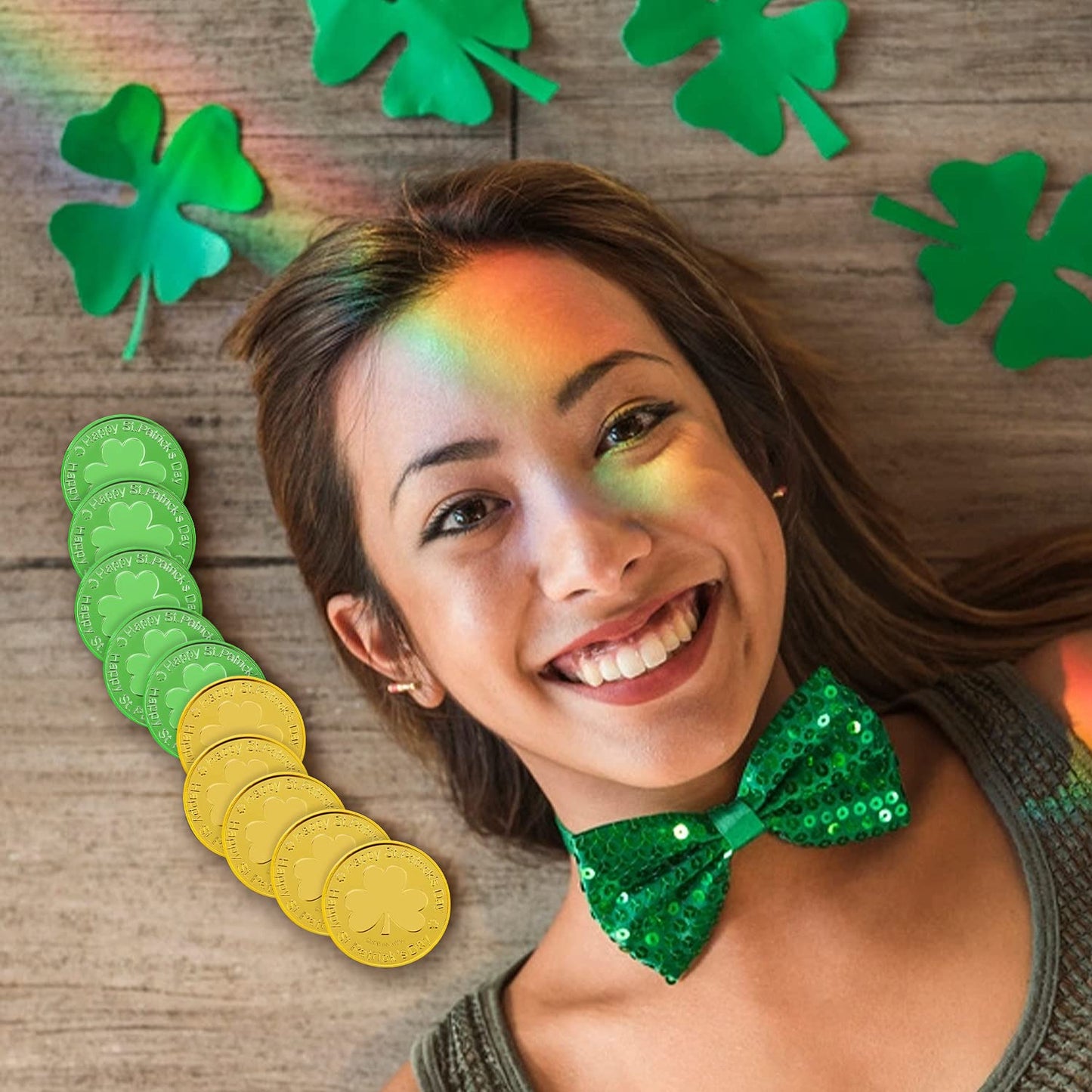 SpinLaLa St. Patrick's Day Gold Coins - 100 Pcs Shamrock Plastic Coins for Party Decor