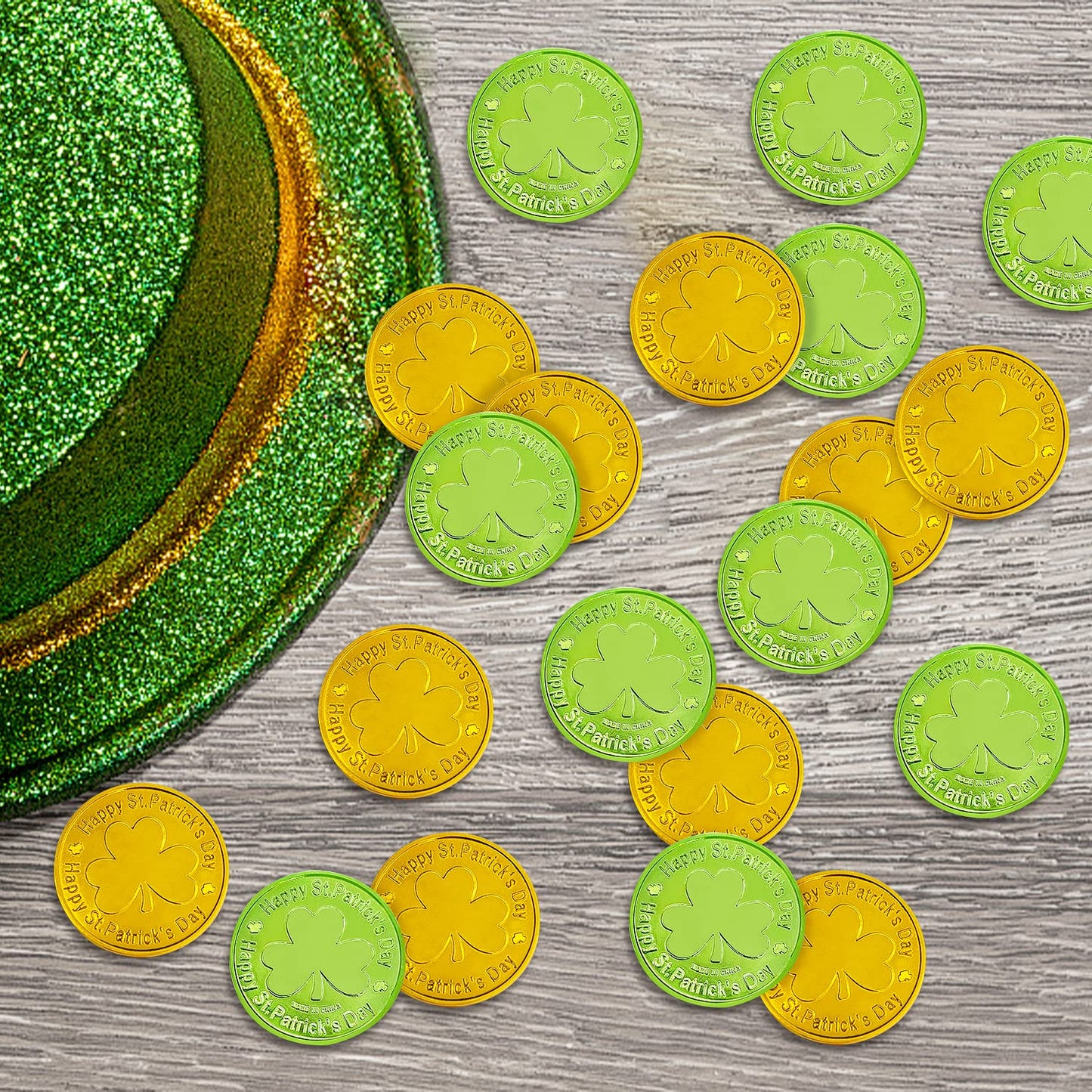SpinLaLa St. Patrick's Day Gold Coins - 100 Pcs Shamrock Plastic Coins for Party Decor