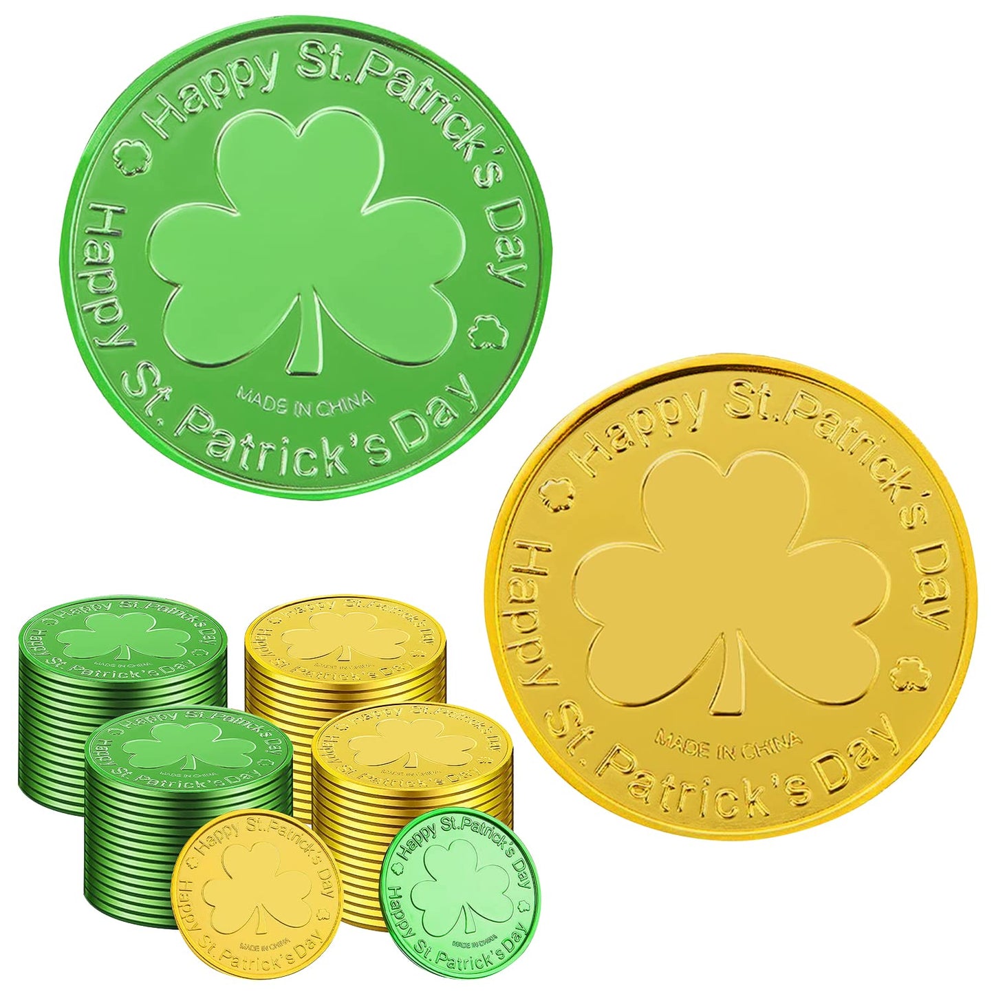 SpinLaLa St. Patrick's Day Gold Coins - 100 Pcs Shamrock Plastic Coins for Party Decor