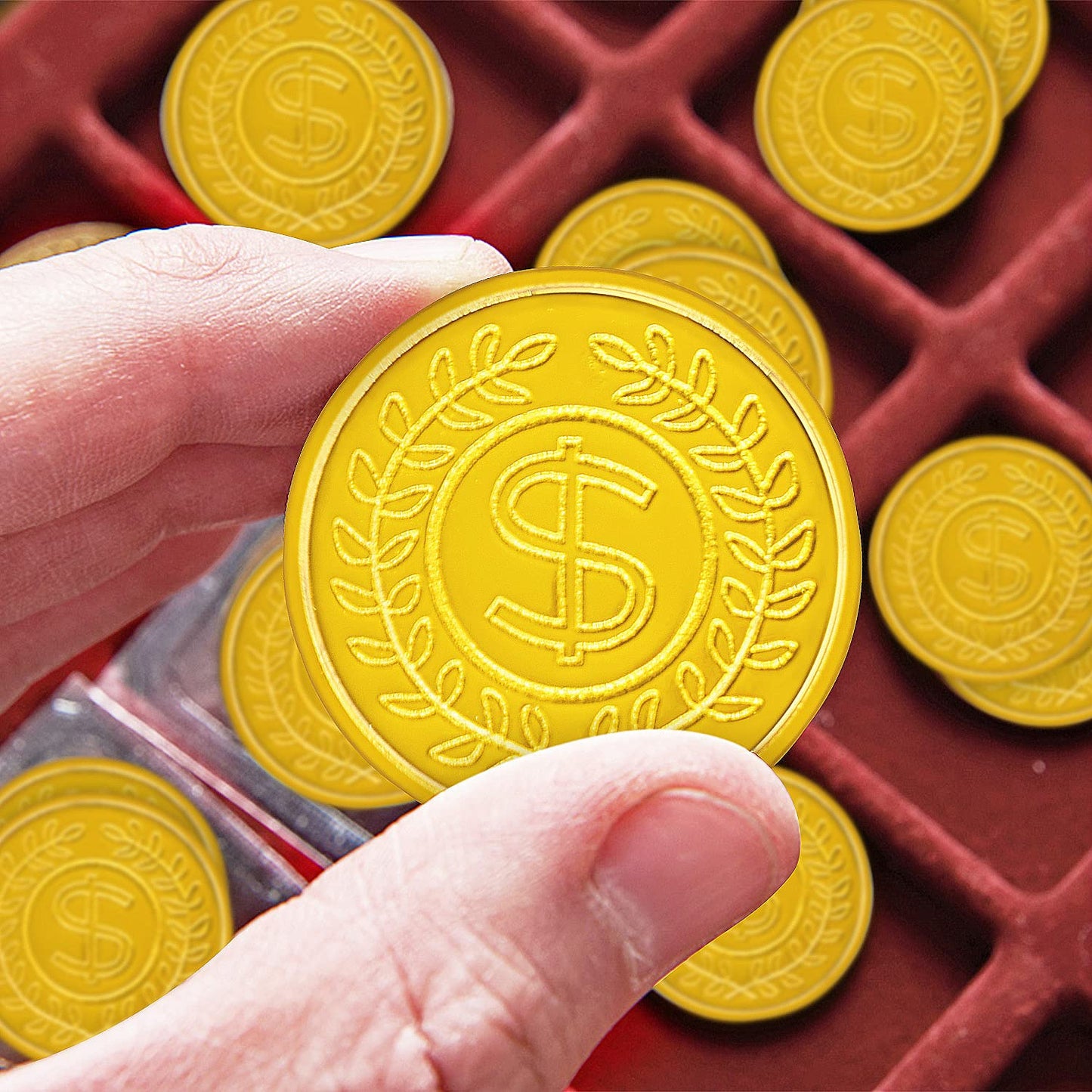 SpinLaLa 100 Count Plastic Gold Coins — Pirate Treasure Play Coins for Party Props & Treasure Hunts