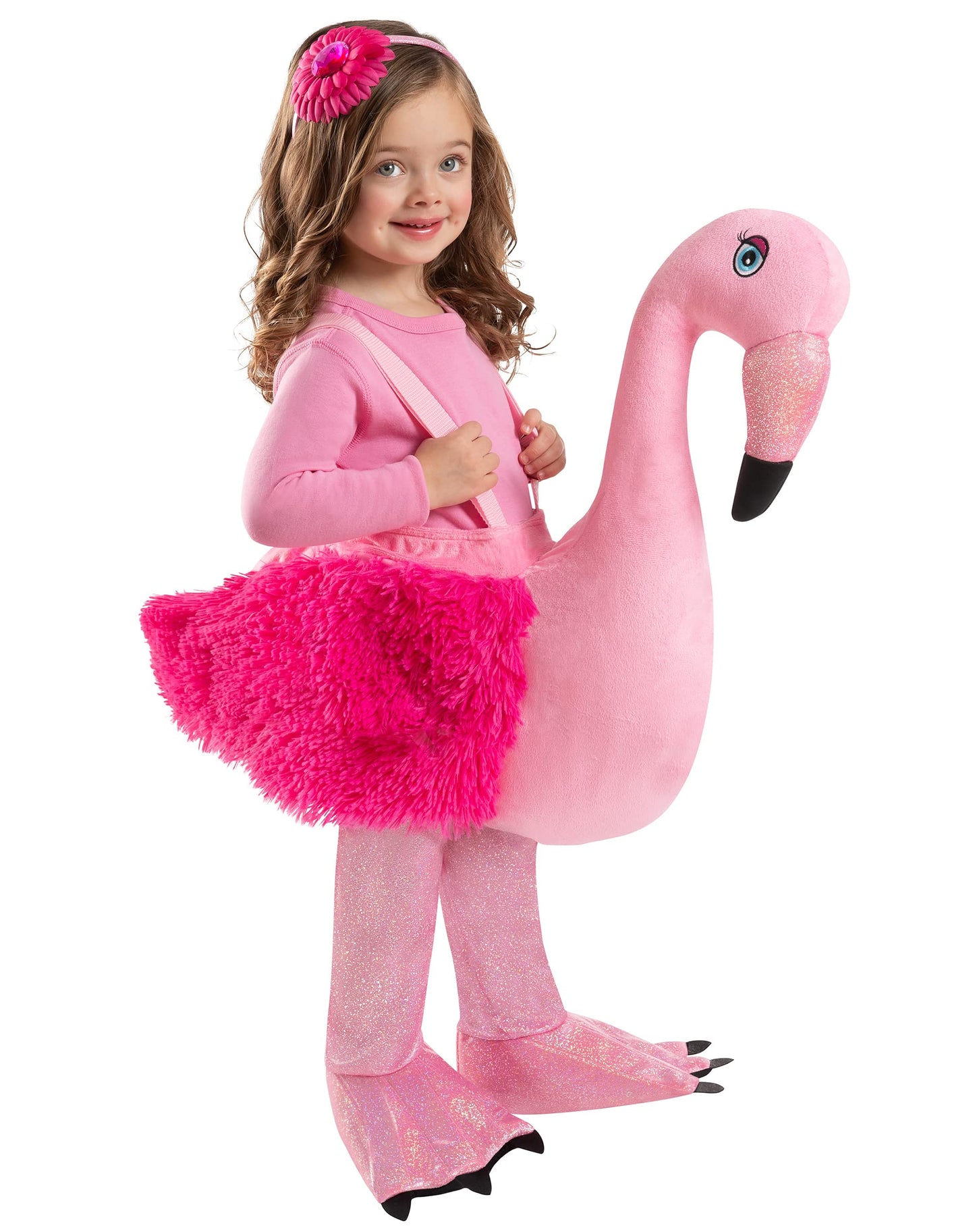 Spirit Halloween Toddler Faux Fur Flamingo Ride-Along Costume – Adjustable Baby Costume