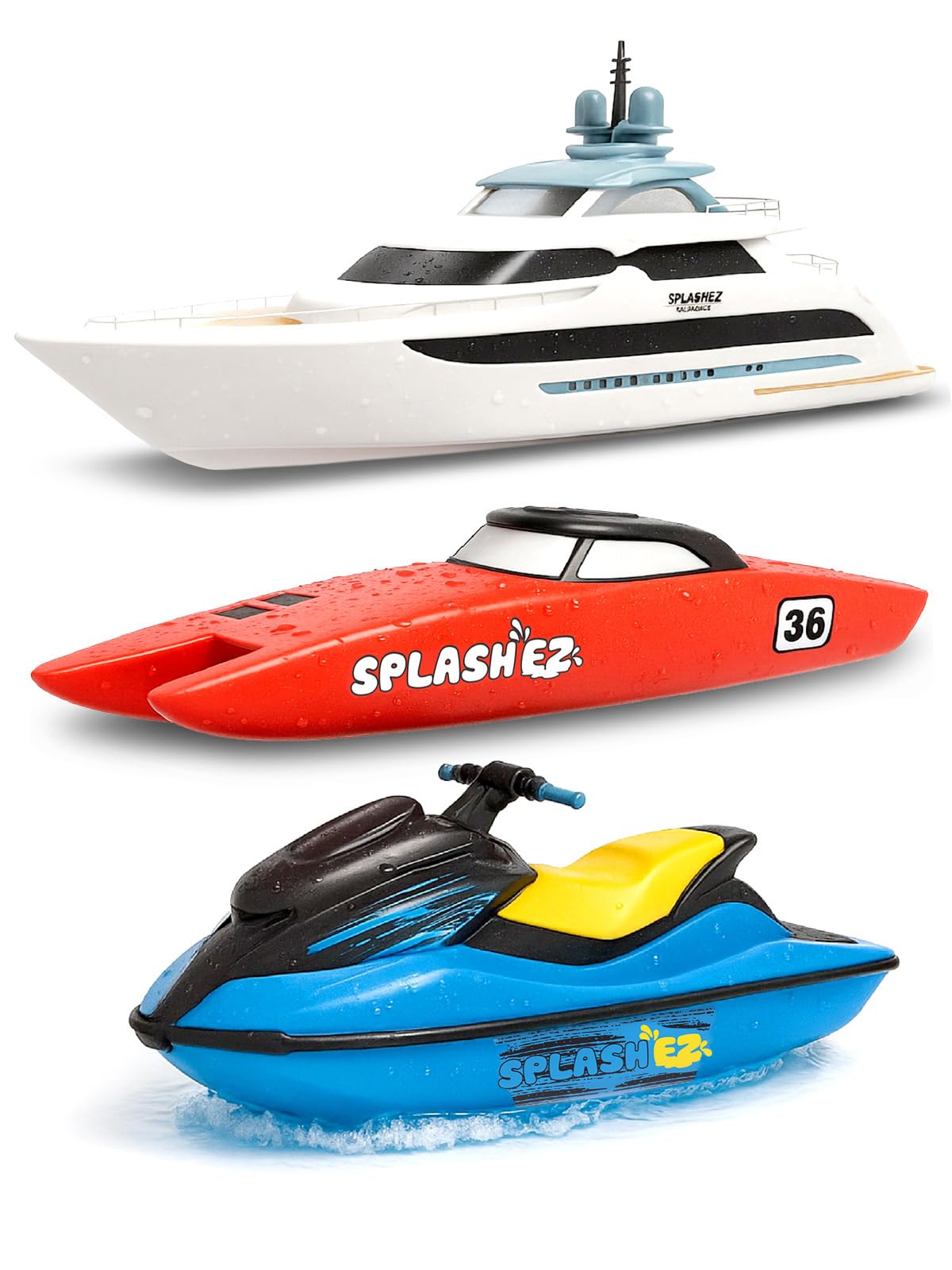 SplashEZ Bath Toy Boats 3-Pack – Mold-Free Tub Boats for Toddlers (Jet Ski, Yacht, Catamaran)