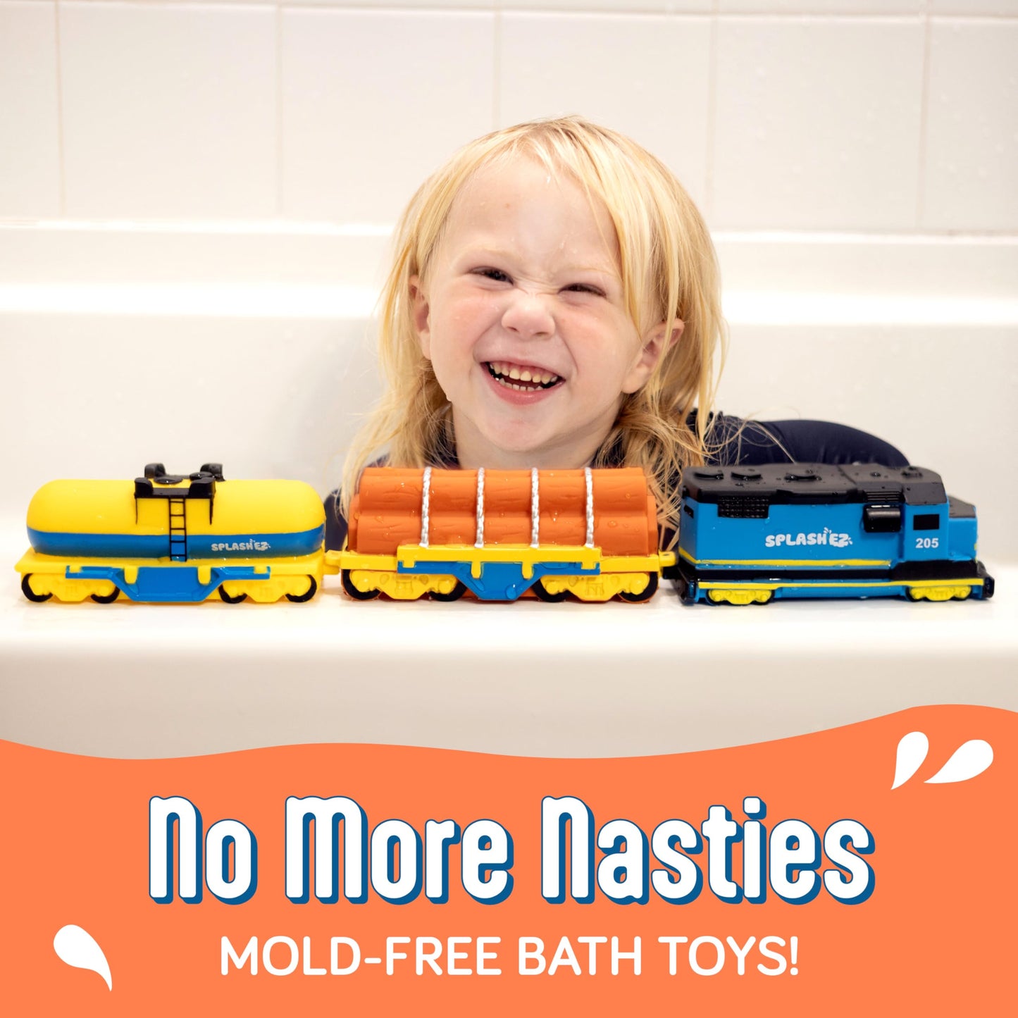 SplashEZ Train Toys for Bath – Mold-Free, No-Hole Design for Toddlers
