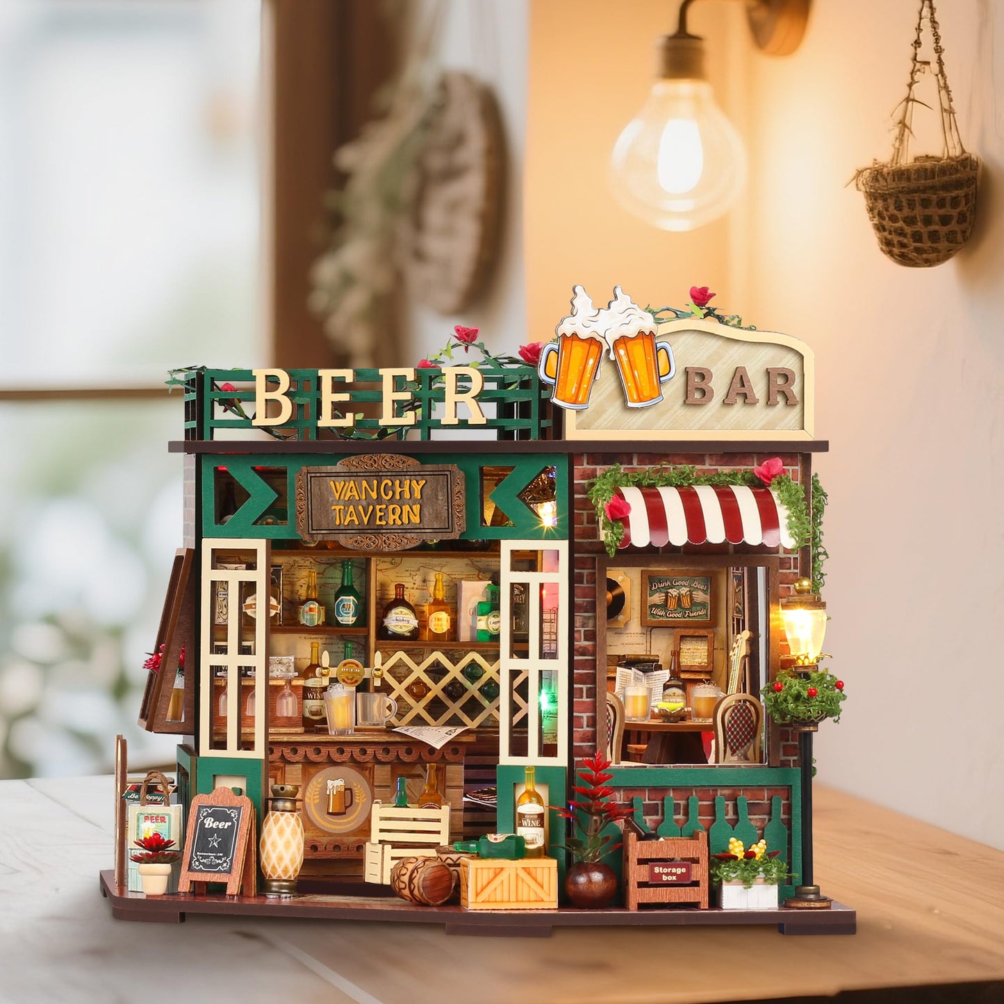 Splashora DIY Miniature Tavern Dollhouse Kit with LED Lights - Retro Pub Decor