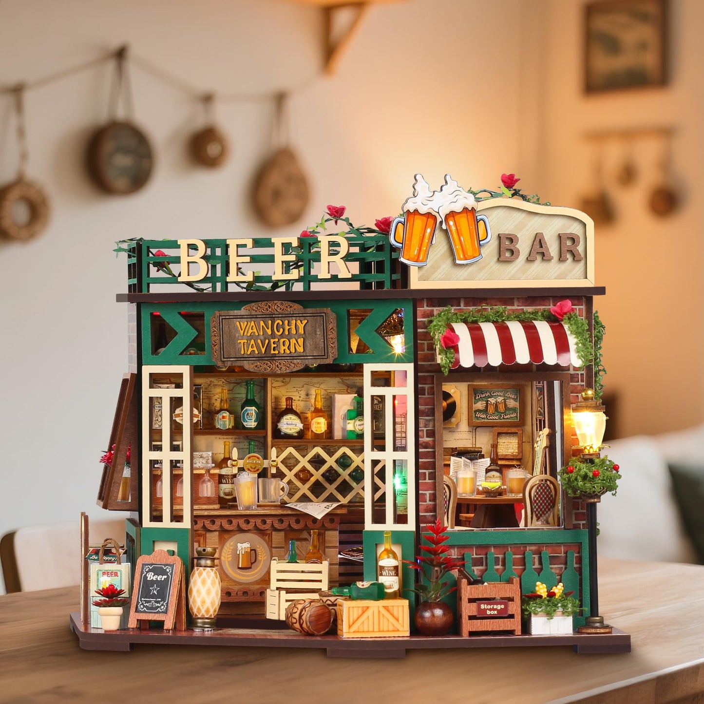 Splashora DIY Miniature Tavern Dollhouse Kit with LED Lights - Retro Pub Decor