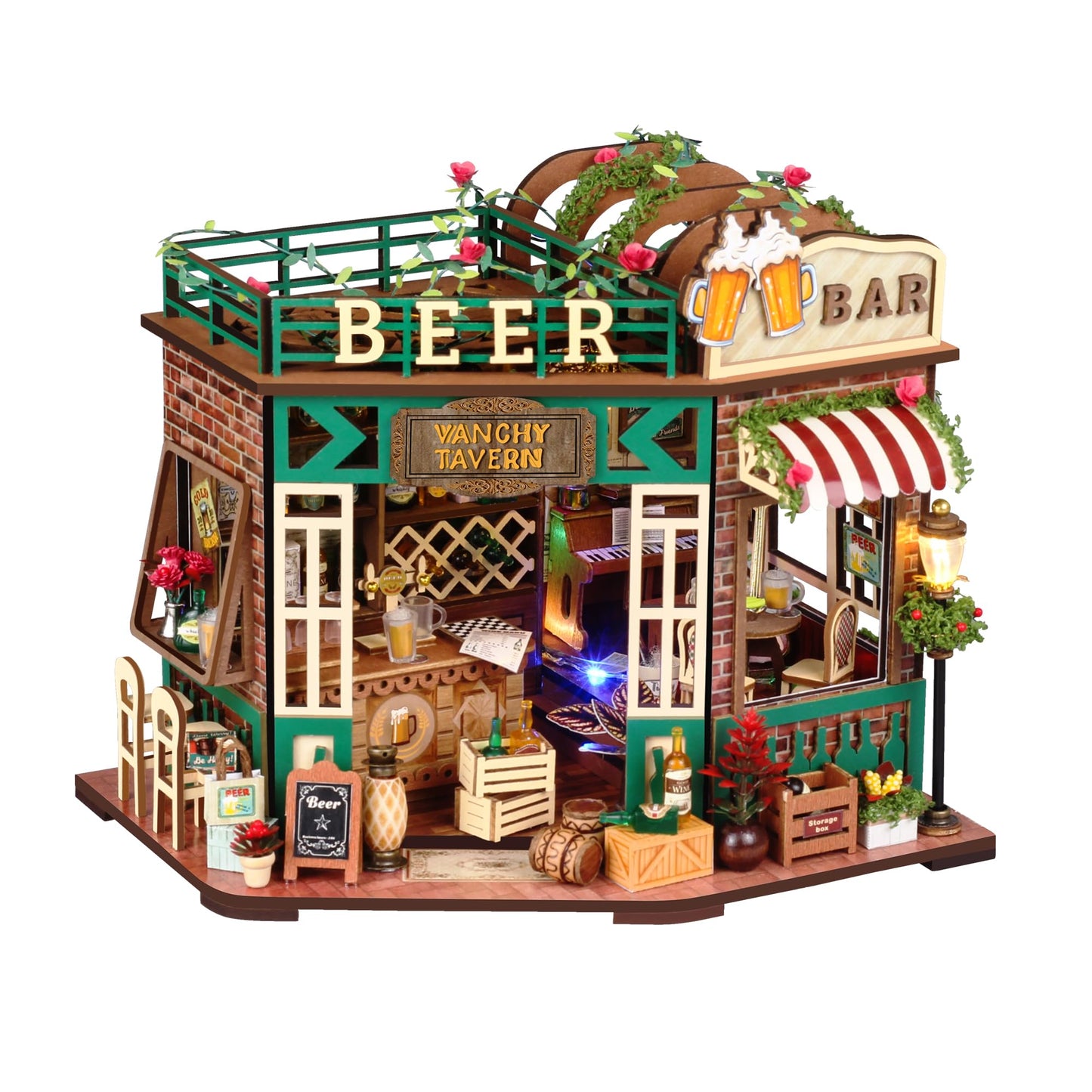 Splashora DIY Miniature Tavern Dollhouse Kit with LED Lights - Retro Pub Decor
