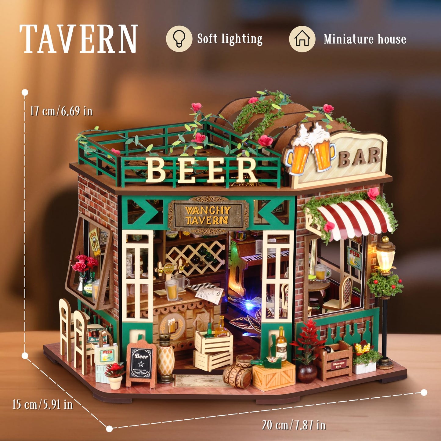 Splashora DIY Miniature Tavern Dollhouse Kit with LED Lights - Retro Pub Decor