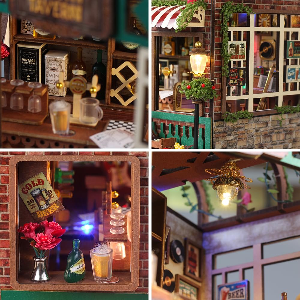 Splashora DIY Miniature Tavern Dollhouse Kit with LED Lights - Retro Pub Decor