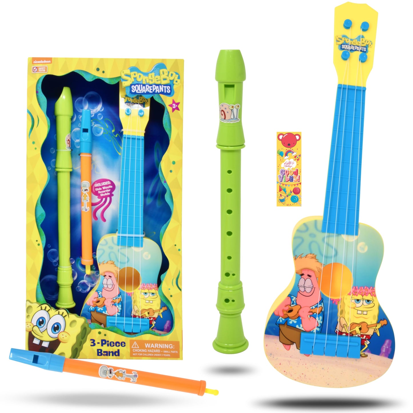 SpongeBob SquarePants Kids Guitar Instruments – 16-Inch Ukulele, Flute, Recorder & Bookmark Set