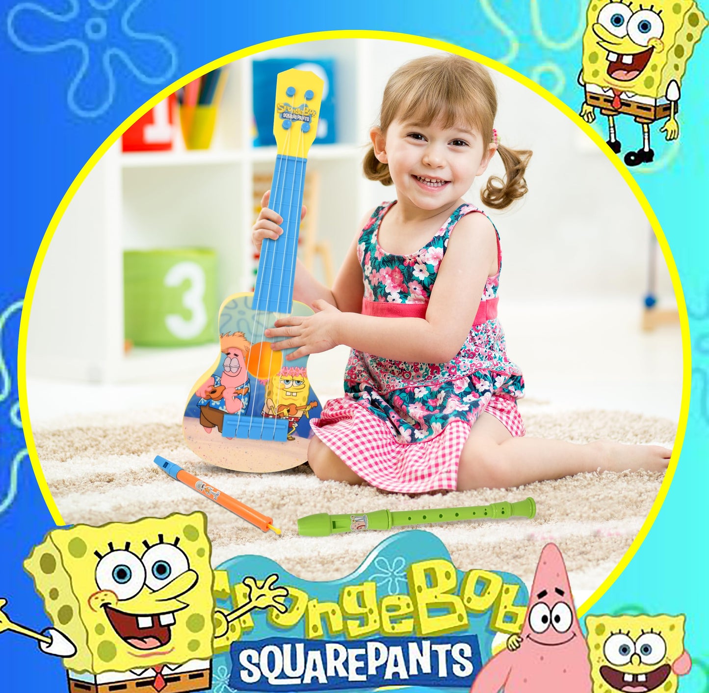 SpongeBob SquarePants Kids Guitar Instruments – 16-Inch Ukulele, Flute, Recorder & Bookmark Set