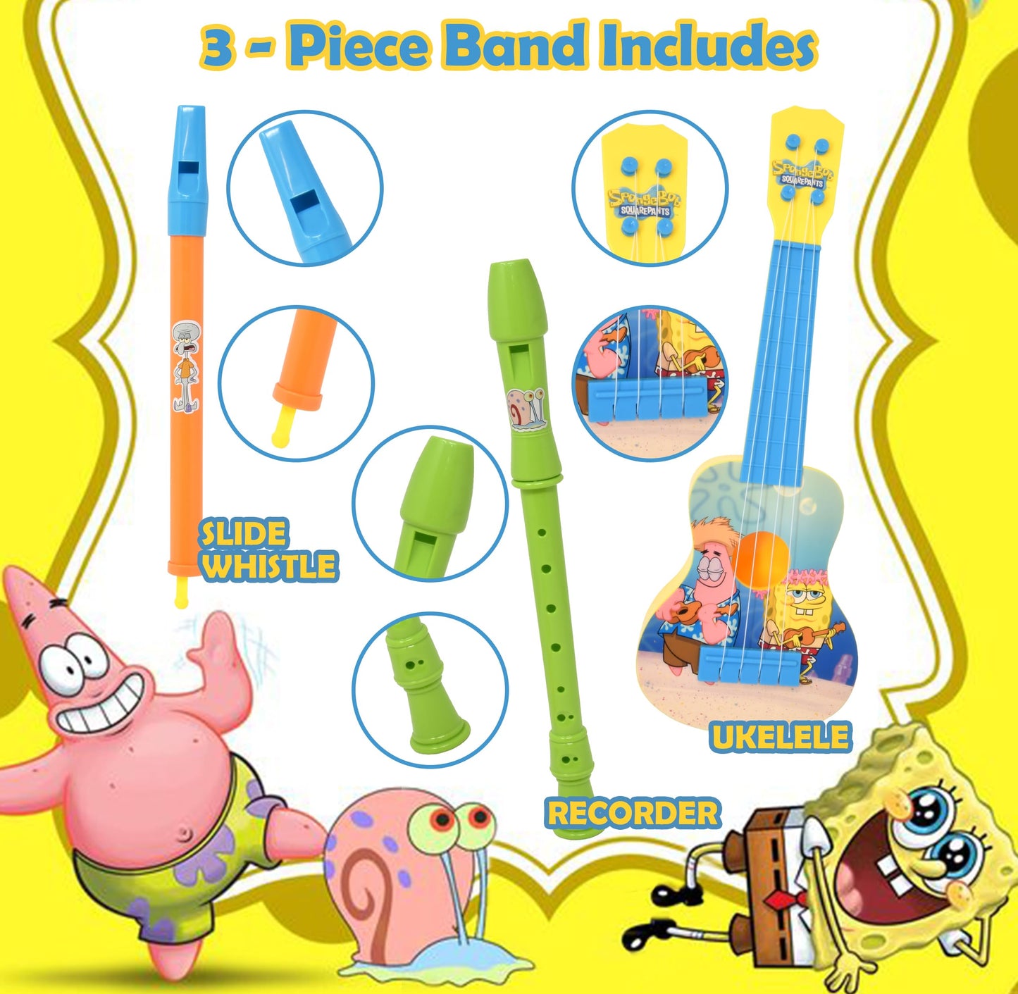 SpongeBob SquarePants Kids Guitar Instruments – 16-Inch Ukulele, Flute, Recorder & Bookmark Set