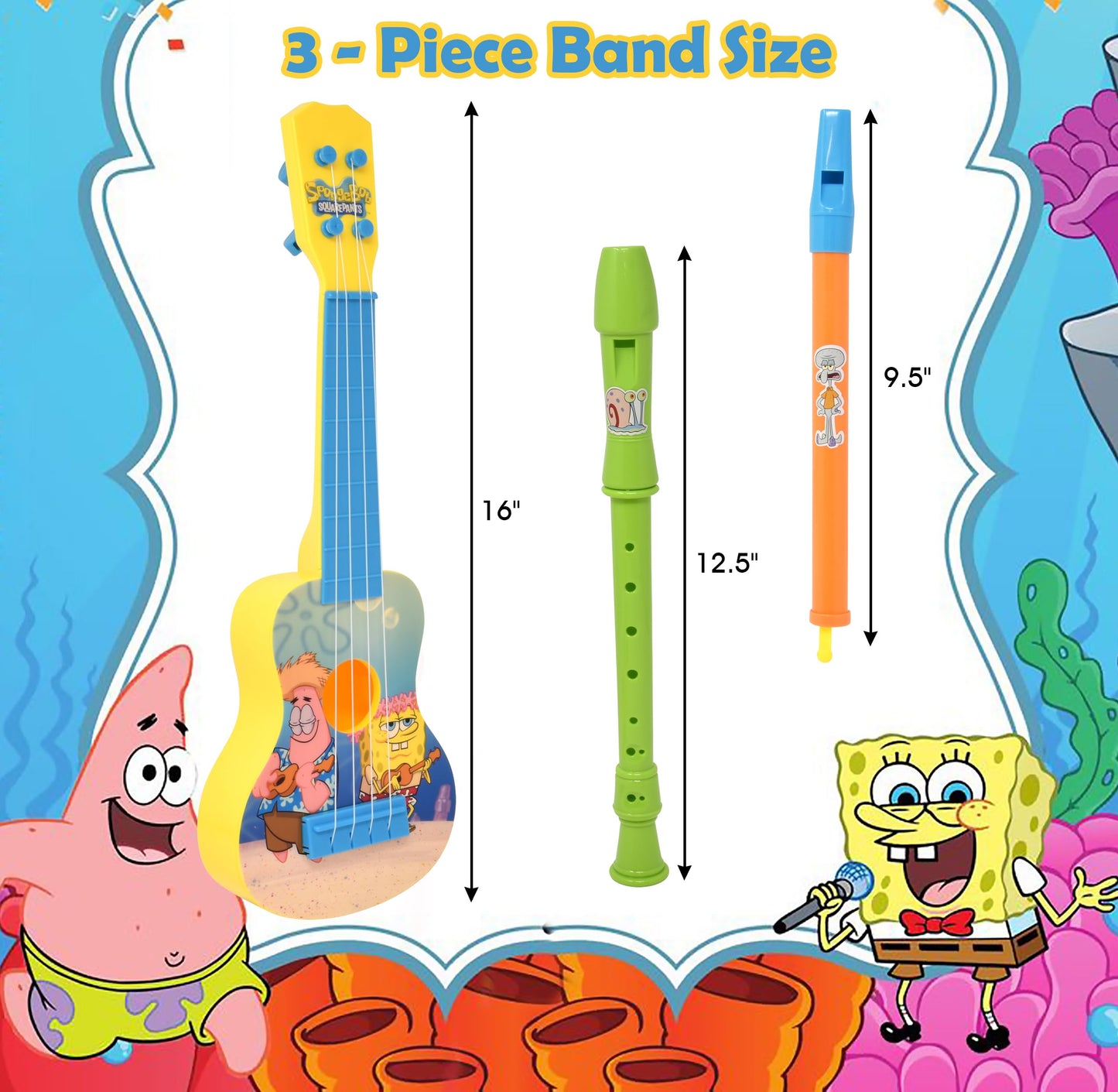 SpongeBob SquarePants Kids Guitar Instruments – 16-Inch Ukulele, Flute, Recorder & Bookmark Set