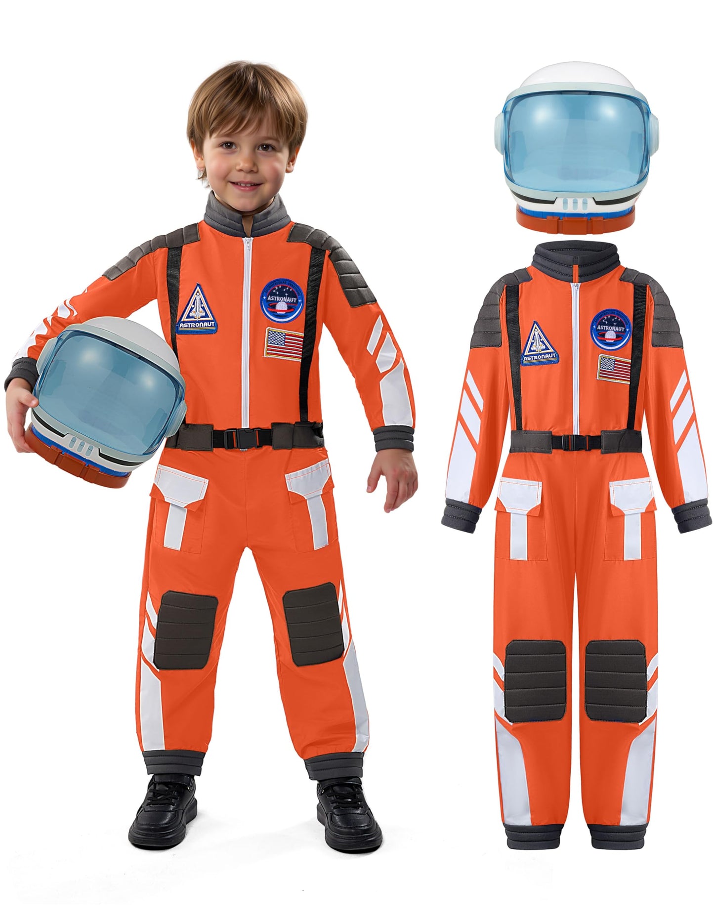 Spooktacular Creations Astronaut Costume with Helmet – Orange Jumpsuit for Toddler to Kids, Halloween Dress-Up