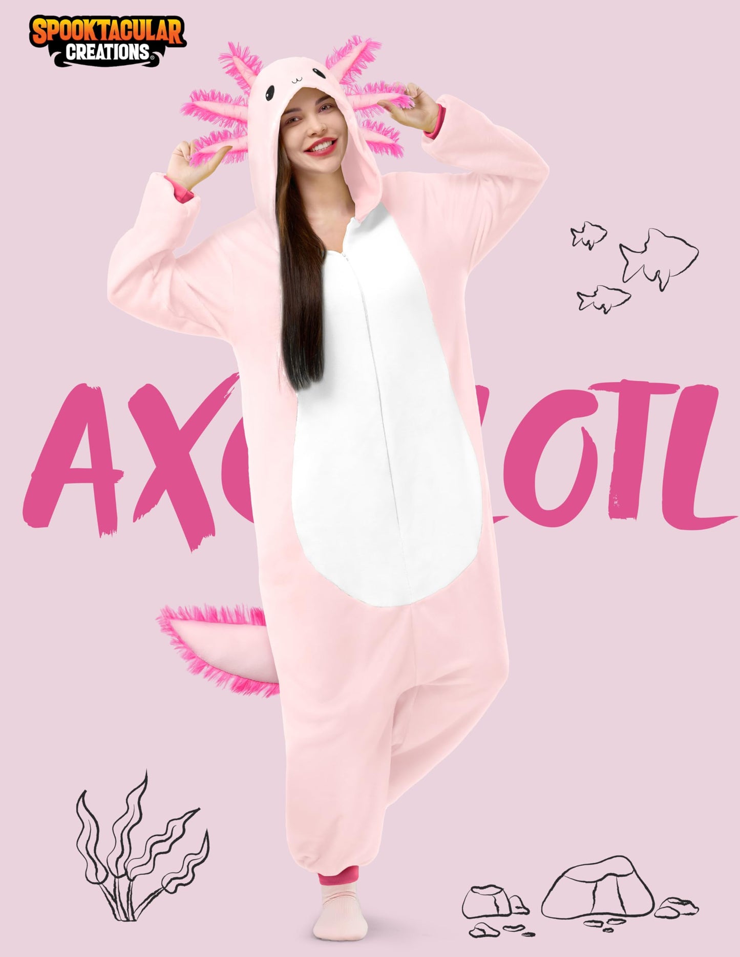 Spooktacular Creations Halloween Axolotl Costume for Kids – Pink Zip-Up Hooded Jumpsuit