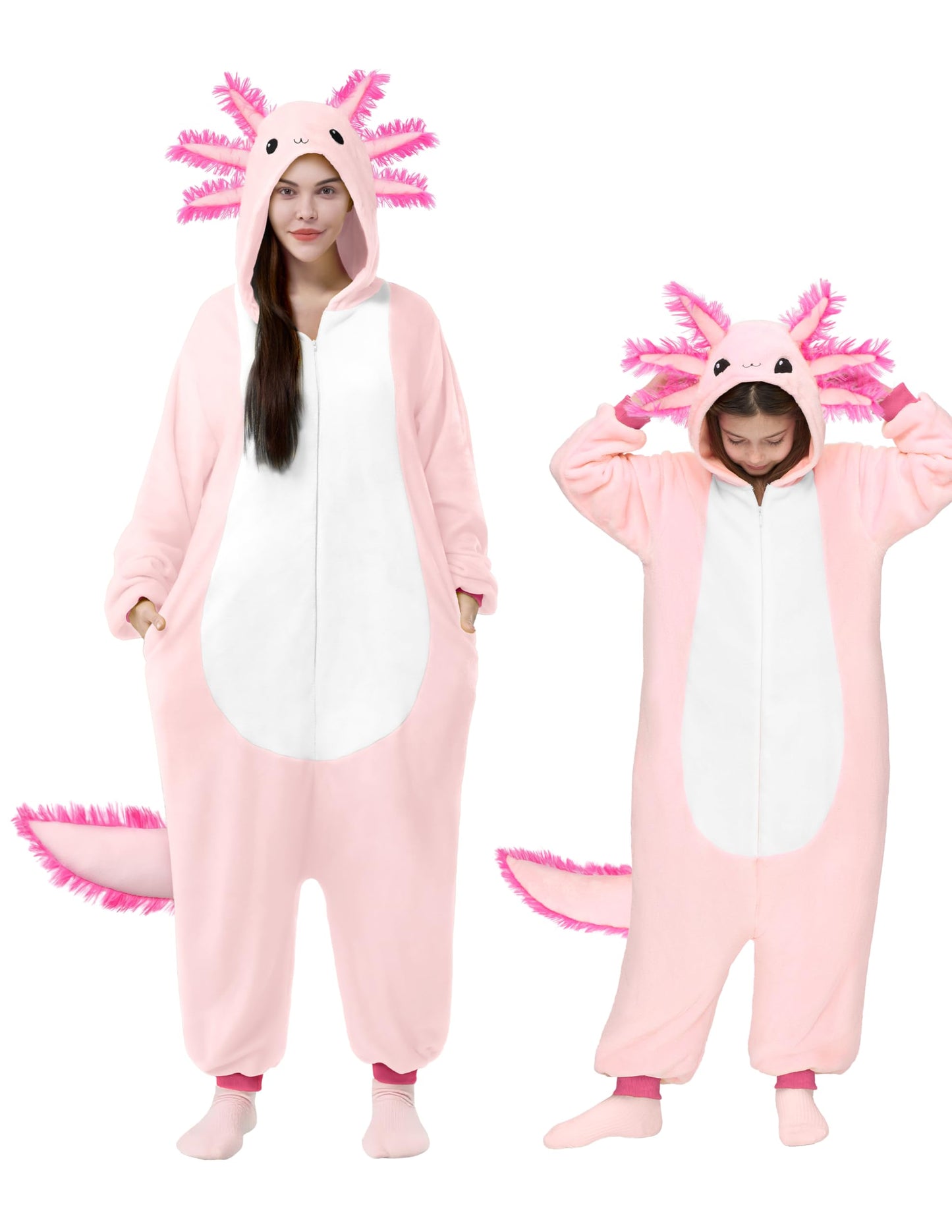 Spooktacular Creations Halloween Axolotl Costume for Kids – Pink Zip-Up Hooded Jumpsuit