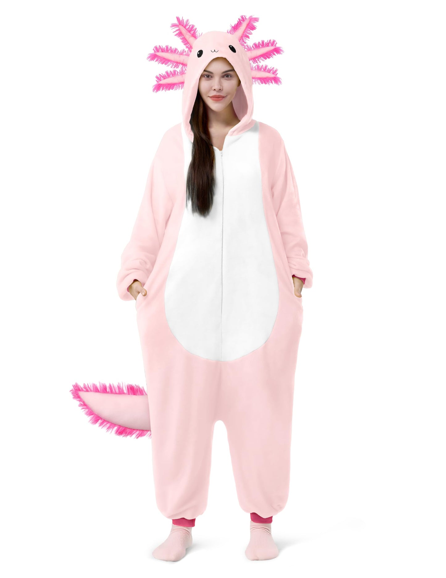 Spooktacular Creations Halloween Axolotl Costume for Kids – Pink Zip-Up Hooded Jumpsuit
