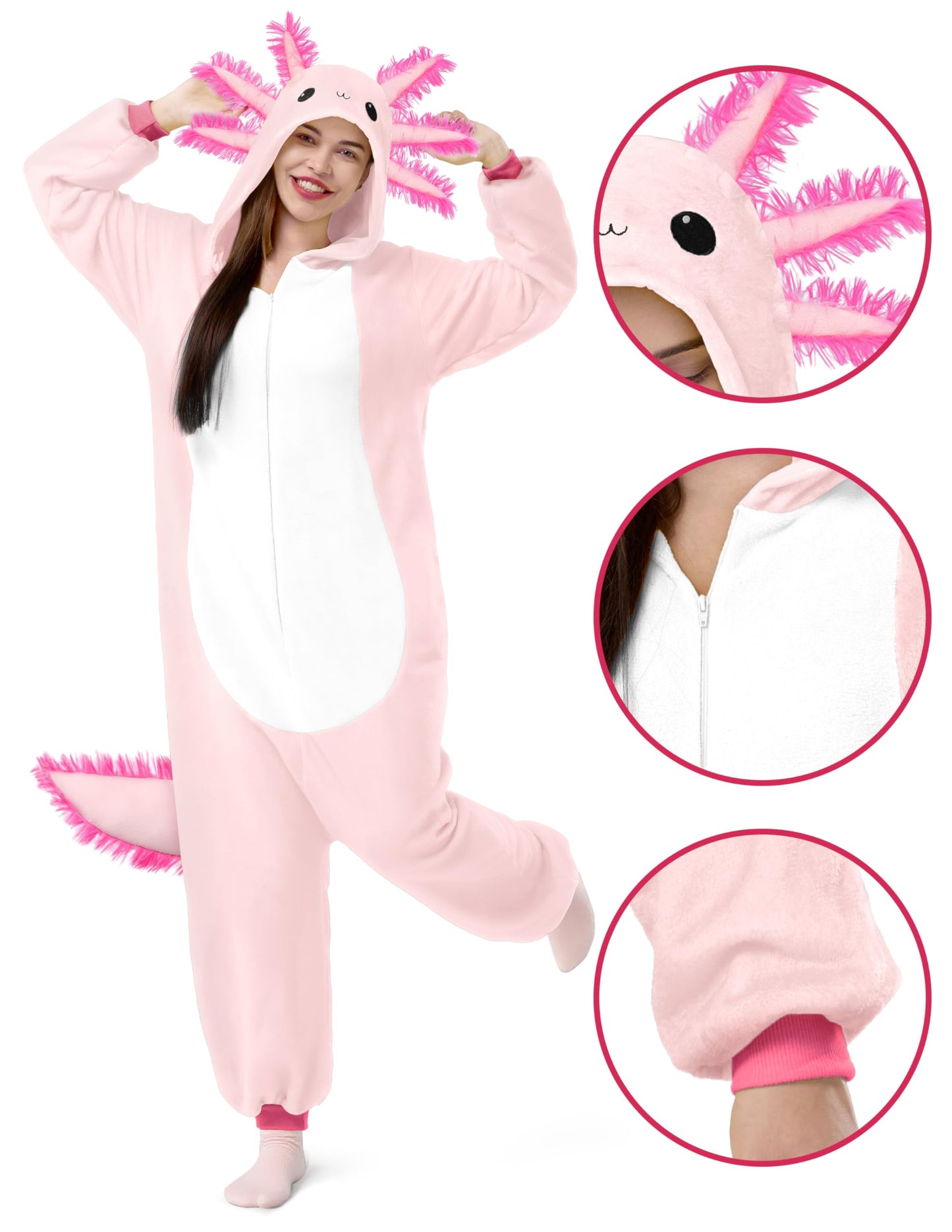Spooktacular Creations Halloween Axolotl Costume for Kids – Pink Zip-Up Hooded Jumpsuit