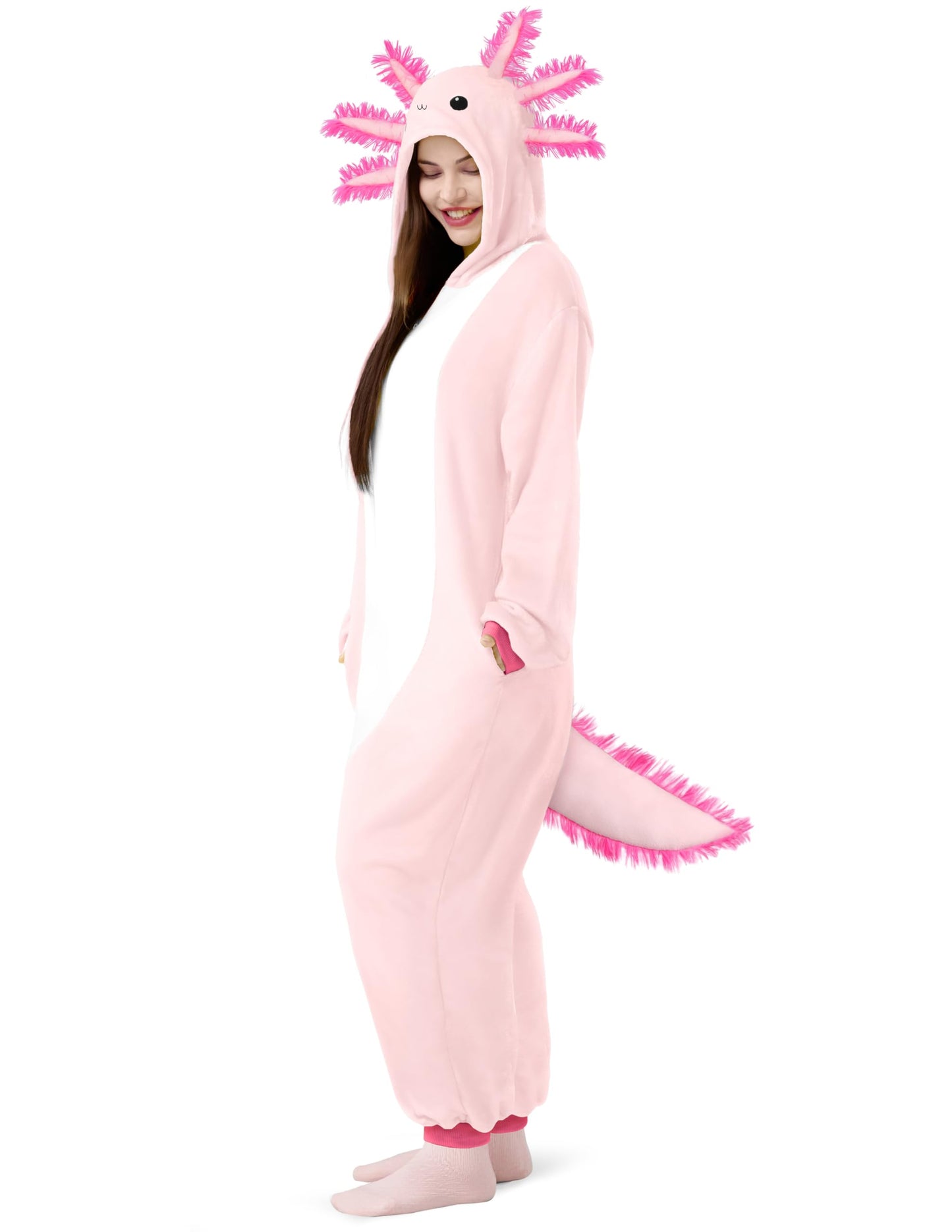 Spooktacular Creations Halloween Axolotl Costume for Kids – Pink Zip-Up Hooded Jumpsuit