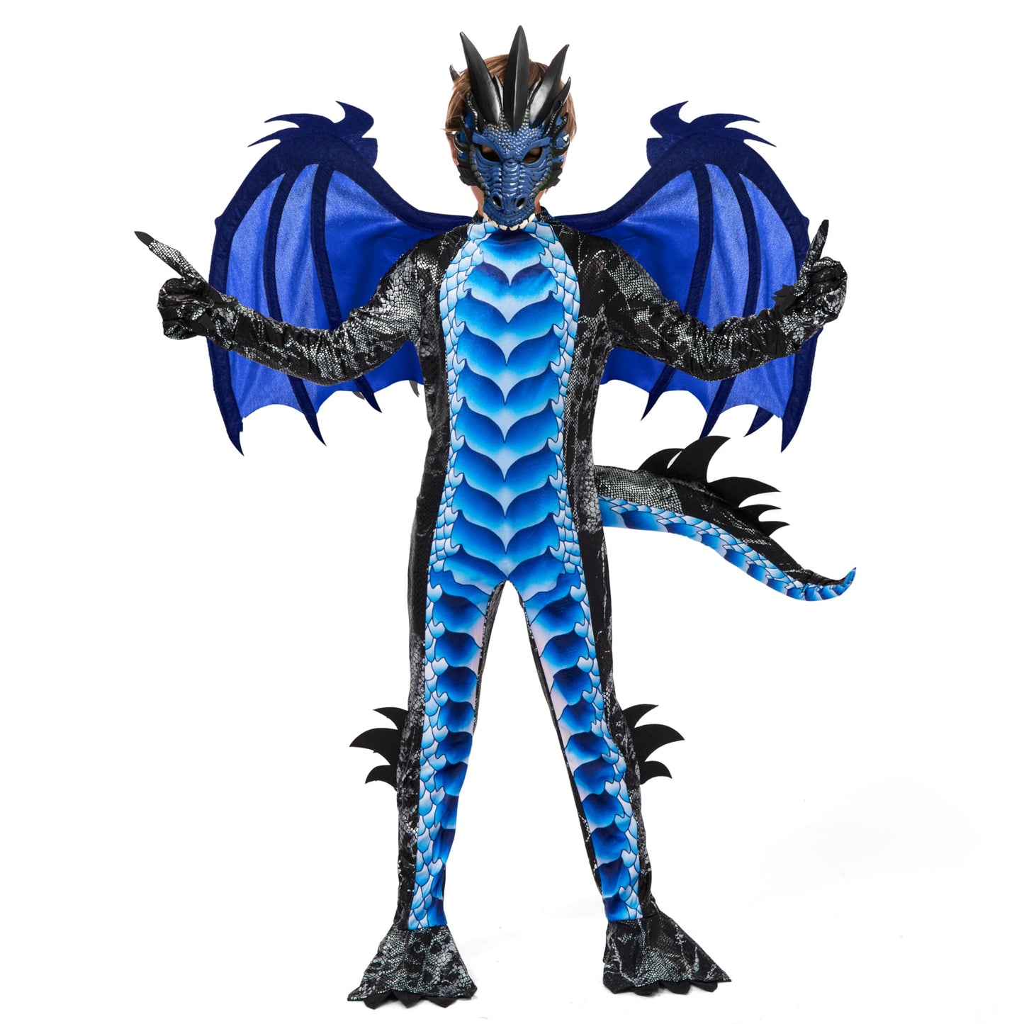Spooktacular Creations Dragon Costume for Boys 5-7 – Black & Blue with Wings & Mask