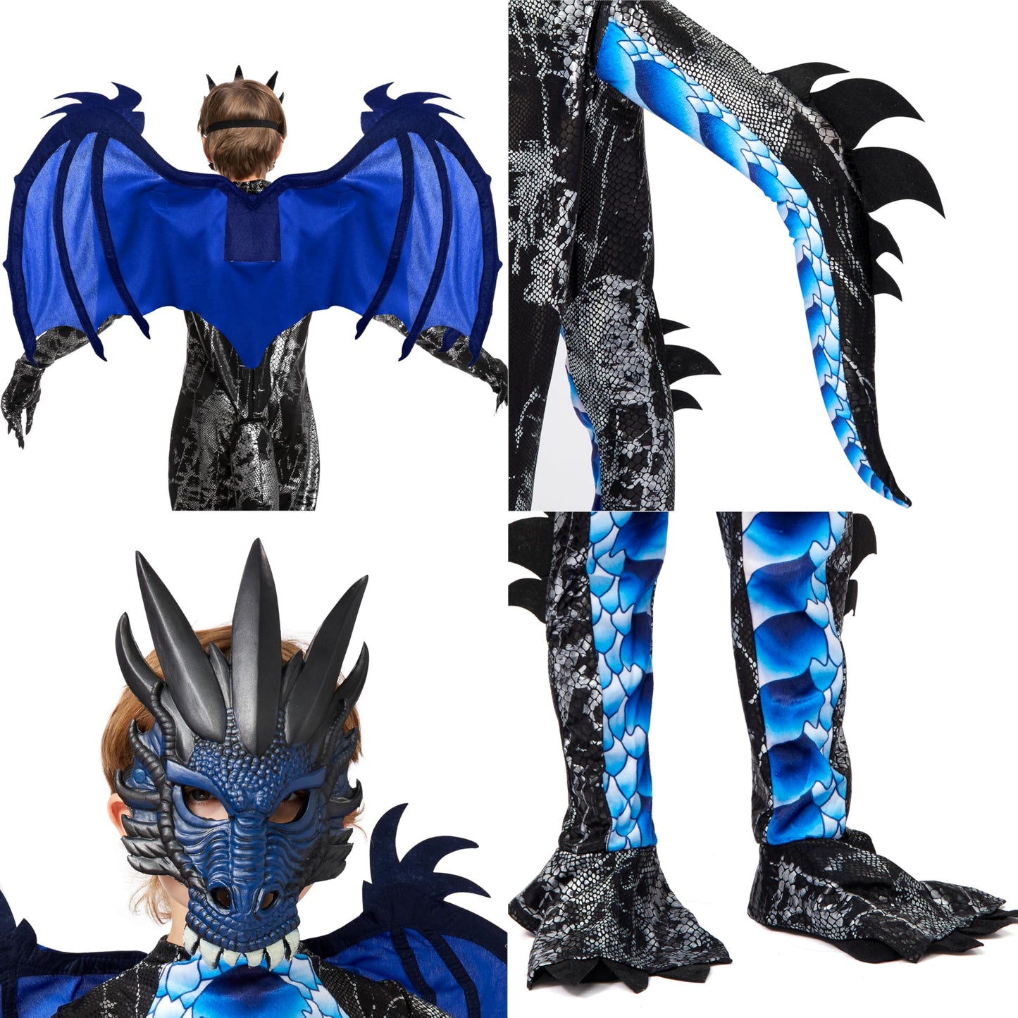 Spooktacular Creations Dragon Costume for Boys 5-7 – Black & Blue with Wings & Mask