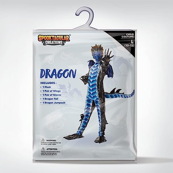 Spooktacular Creations Dragon Costume for Boys 5-7 – Black & Blue with Wings & Mask